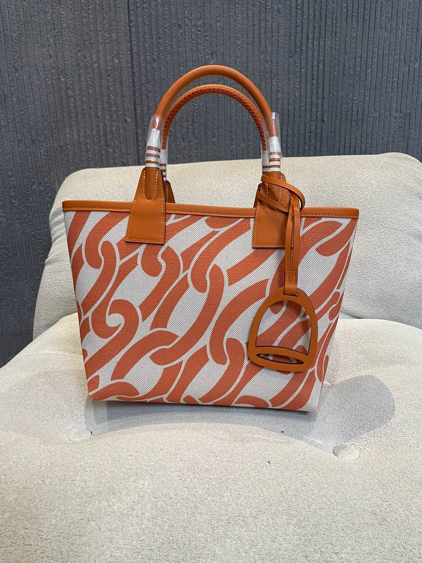 HERMES Top Handle Bags Canvas Calfskin (Orange-White) 25X23X15CM I50202608090676