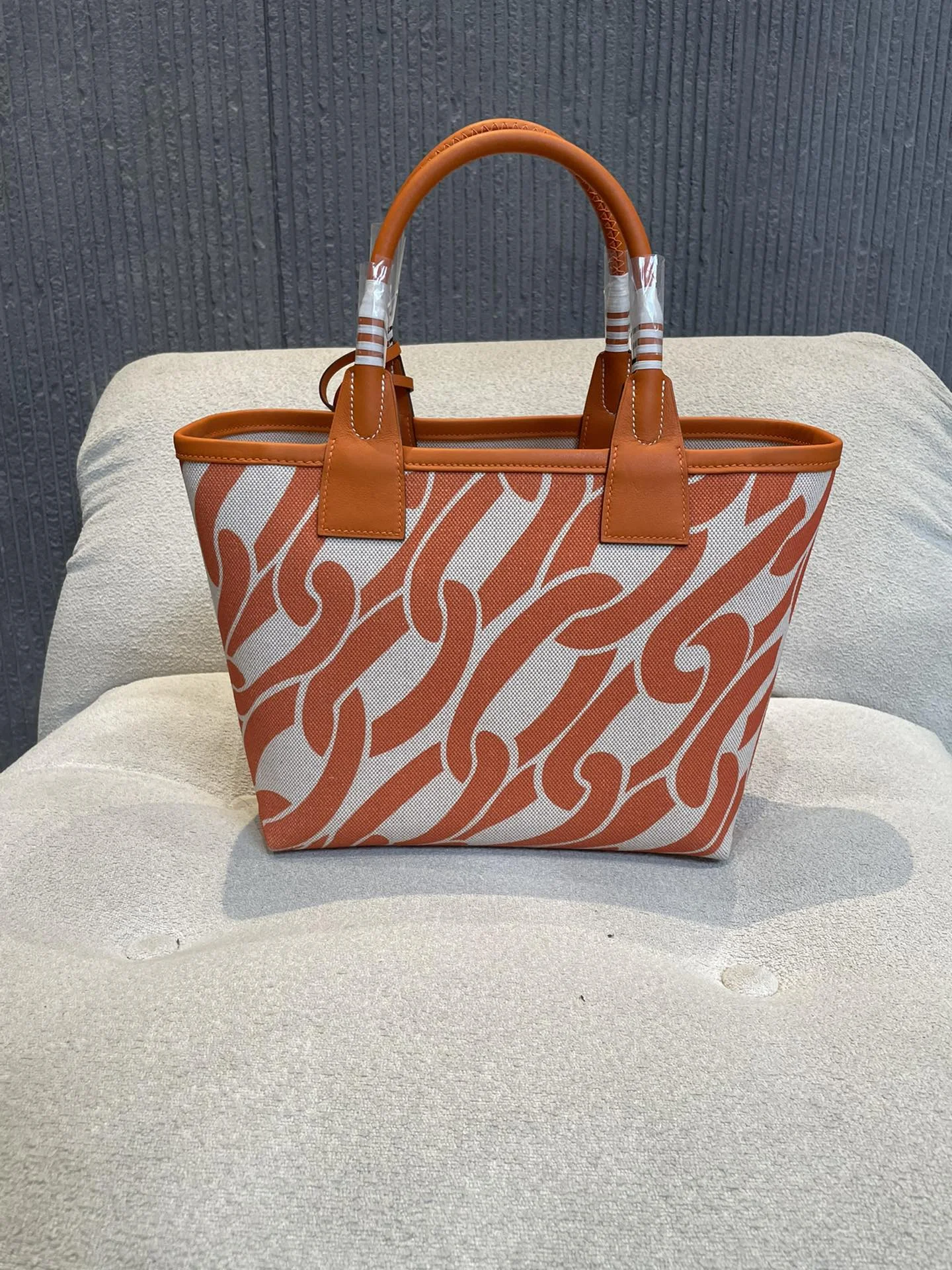 HERMES Top Handle Bags Canvas Calfskin (Orange-White) 25X23X15CM I50202608090676 - Image 5
