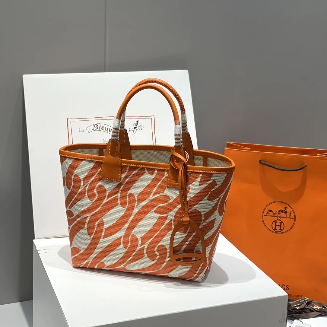HERMES Top Handle Bags Canvas Calfskin (Orange-White) 25X23X15CM I50202608090683