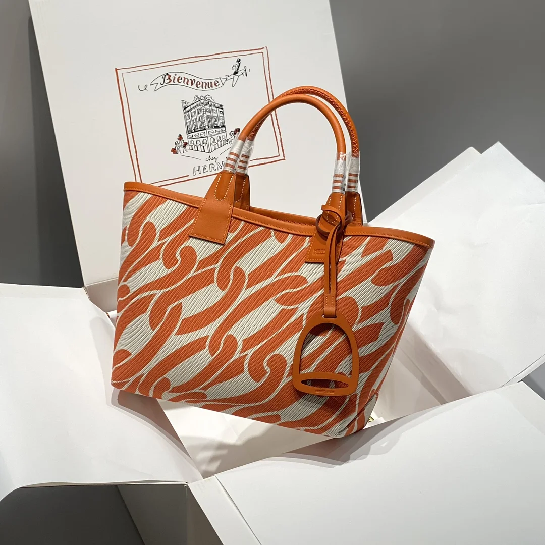 HERMES Top Handle Bags Canvas Calfskin (Orange-White) 25X23X15CM I50202608090683 - Image 2