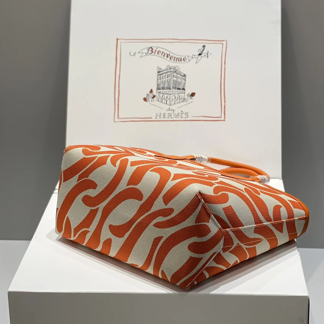HERMES Top Handle Bags Canvas Calfskin (Orange-White) 25X23X15CM I50202608090683 - Image 3