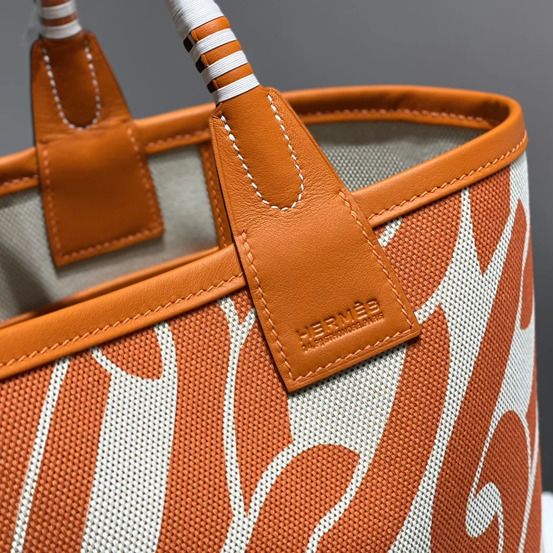 HERMES Top Handle Bags Canvas Calfskin (Orange-White) 25X23X15CM I50202608090683 - Image 4