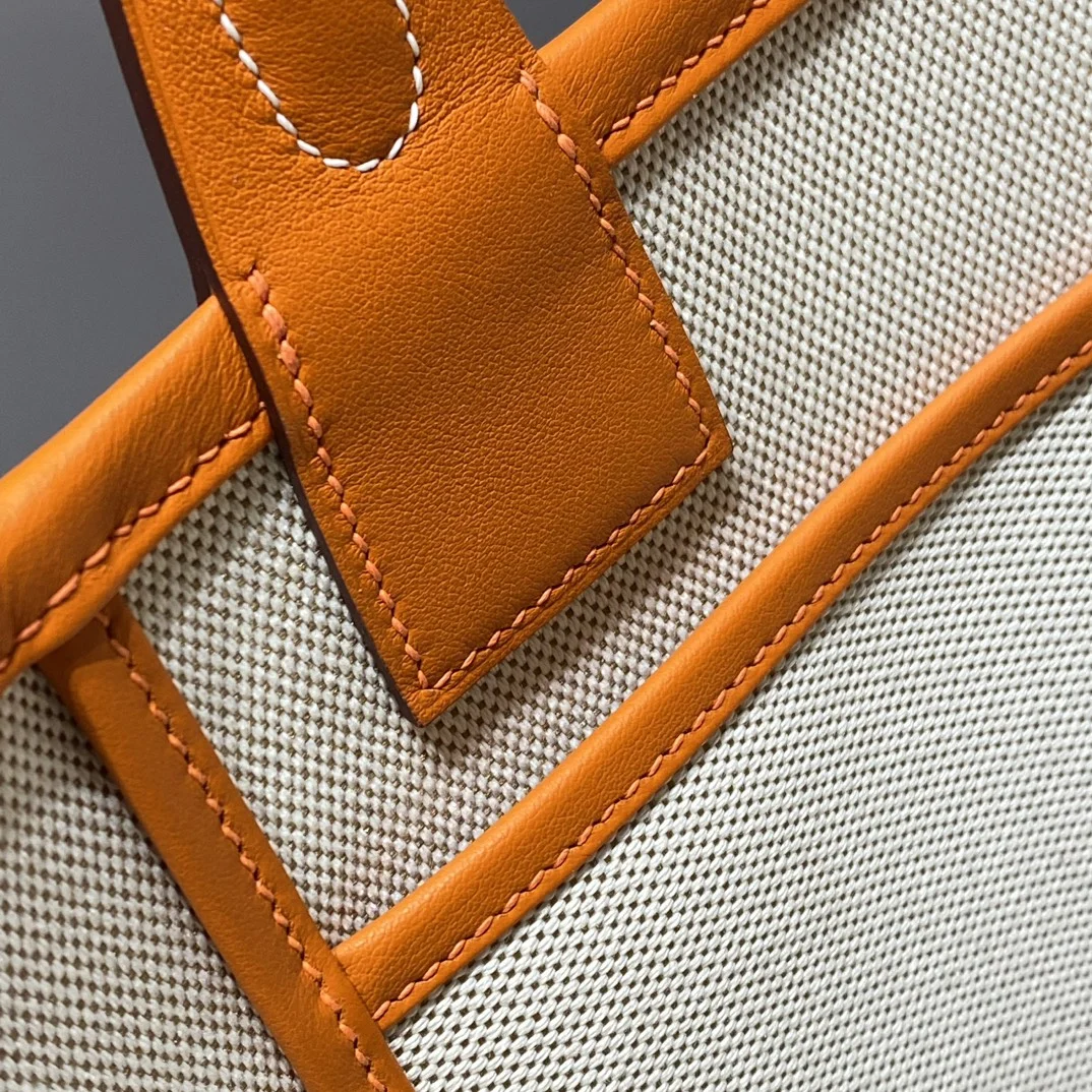 HERMES Top Handle Bags Canvas Calfskin (Orange-White) 25X23X15CM I50202608090683 - Image 8