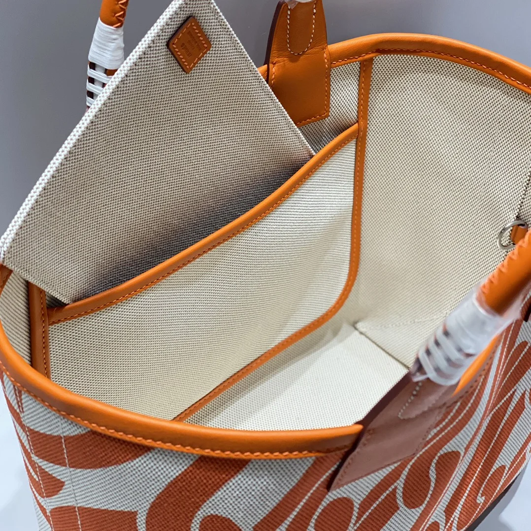 HERMES Top Handle Bags Canvas Calfskin (Orange-White) 25X23X15CM I50202608090683 - Image 9