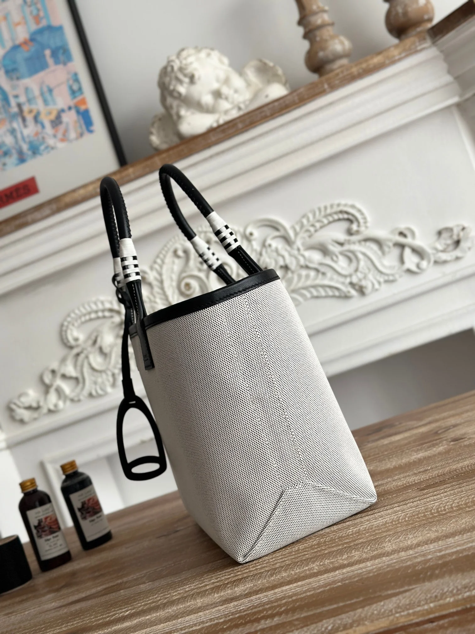 HERMES Top Handle Bags Canvas Calfskin (White-Black) 25X23X15CM I50202608090660 - Image 2