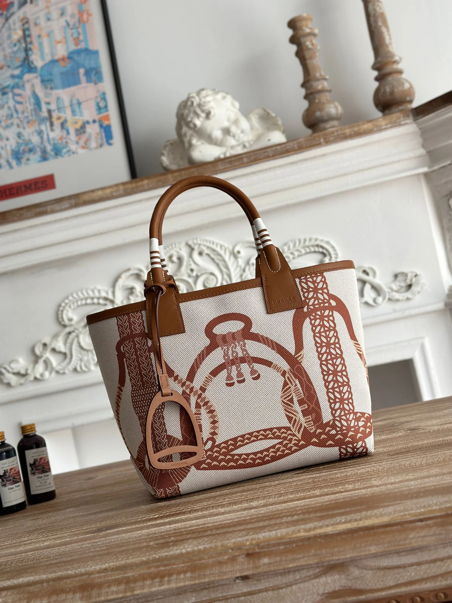 HERMES Top Handle Bags Canvas Calfskin (White-Brown) 25X23X15CM I50202608090666