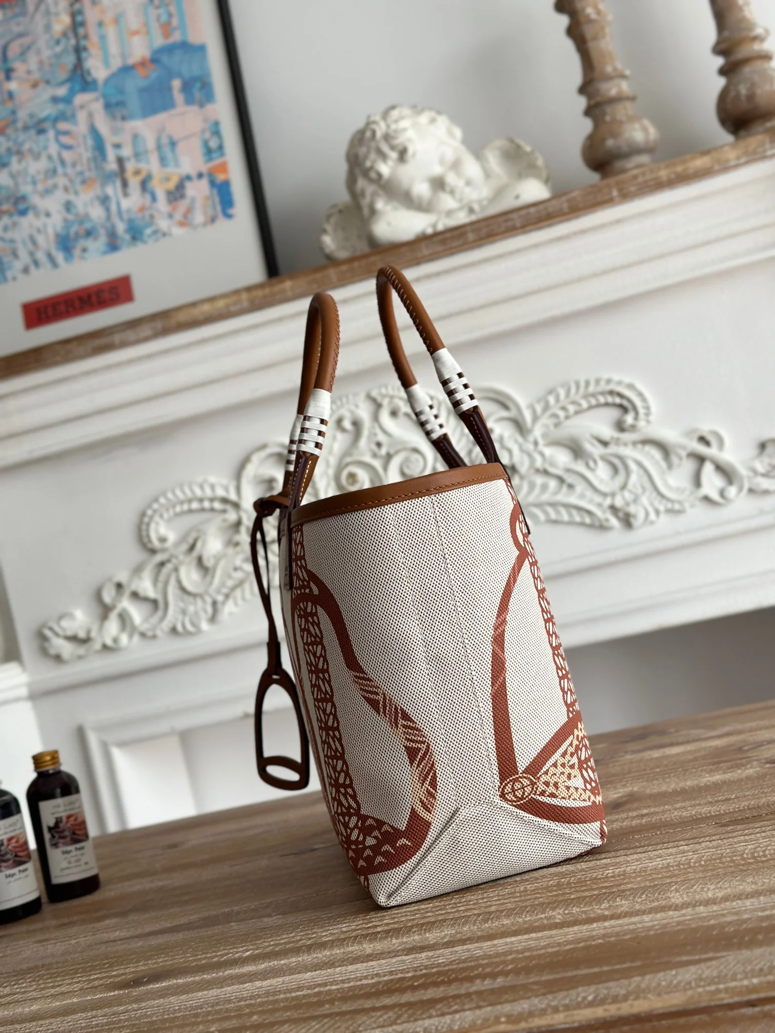 HERMES Top Handle Bags Canvas Calfskin (White-Brown) 25X23X15CM I50202608090666 - Image 2
