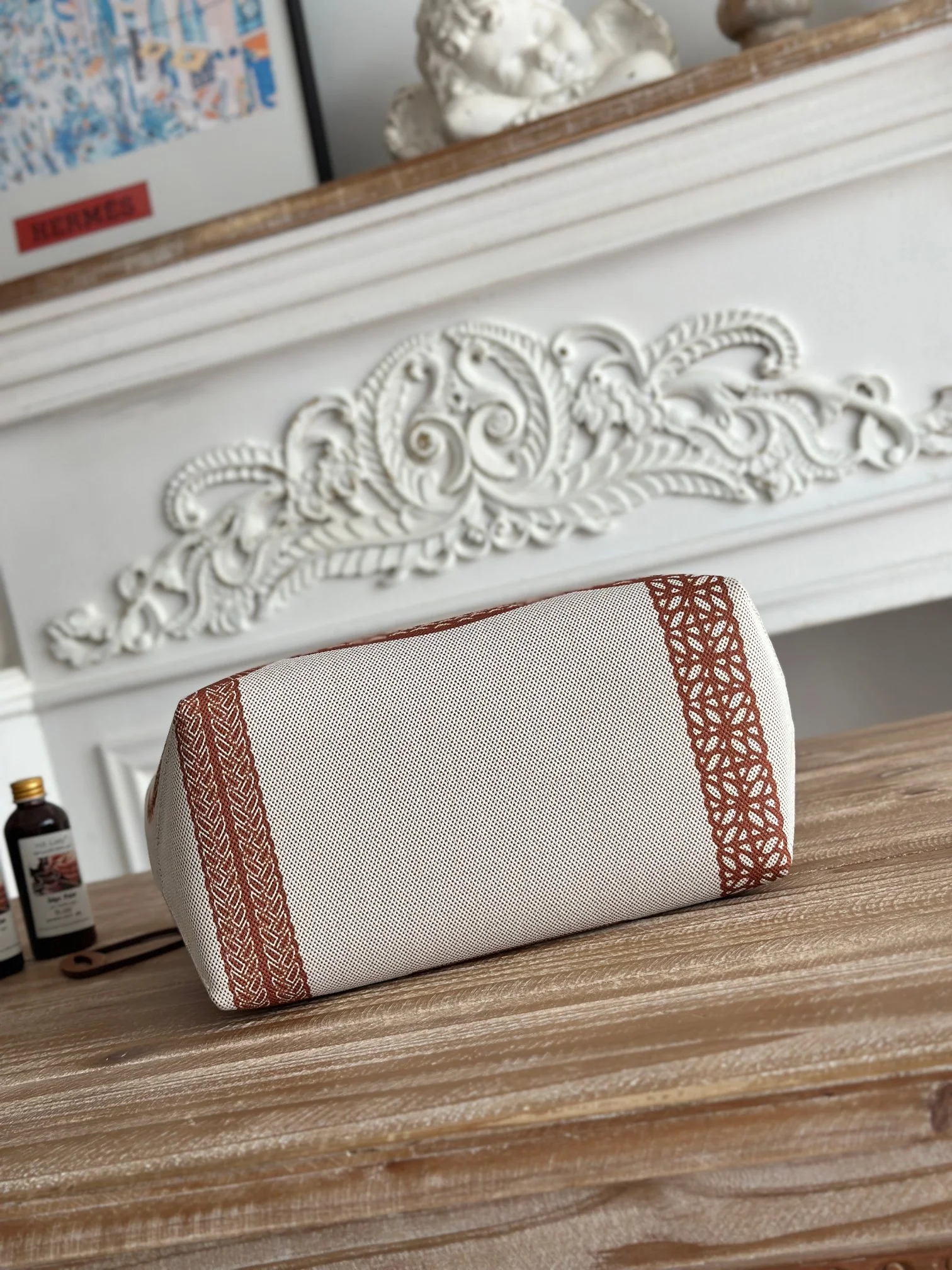 HERMES Top Handle Bags Canvas Calfskin (White-Brown) 25X23X15CM I50202608090666 - Image 6