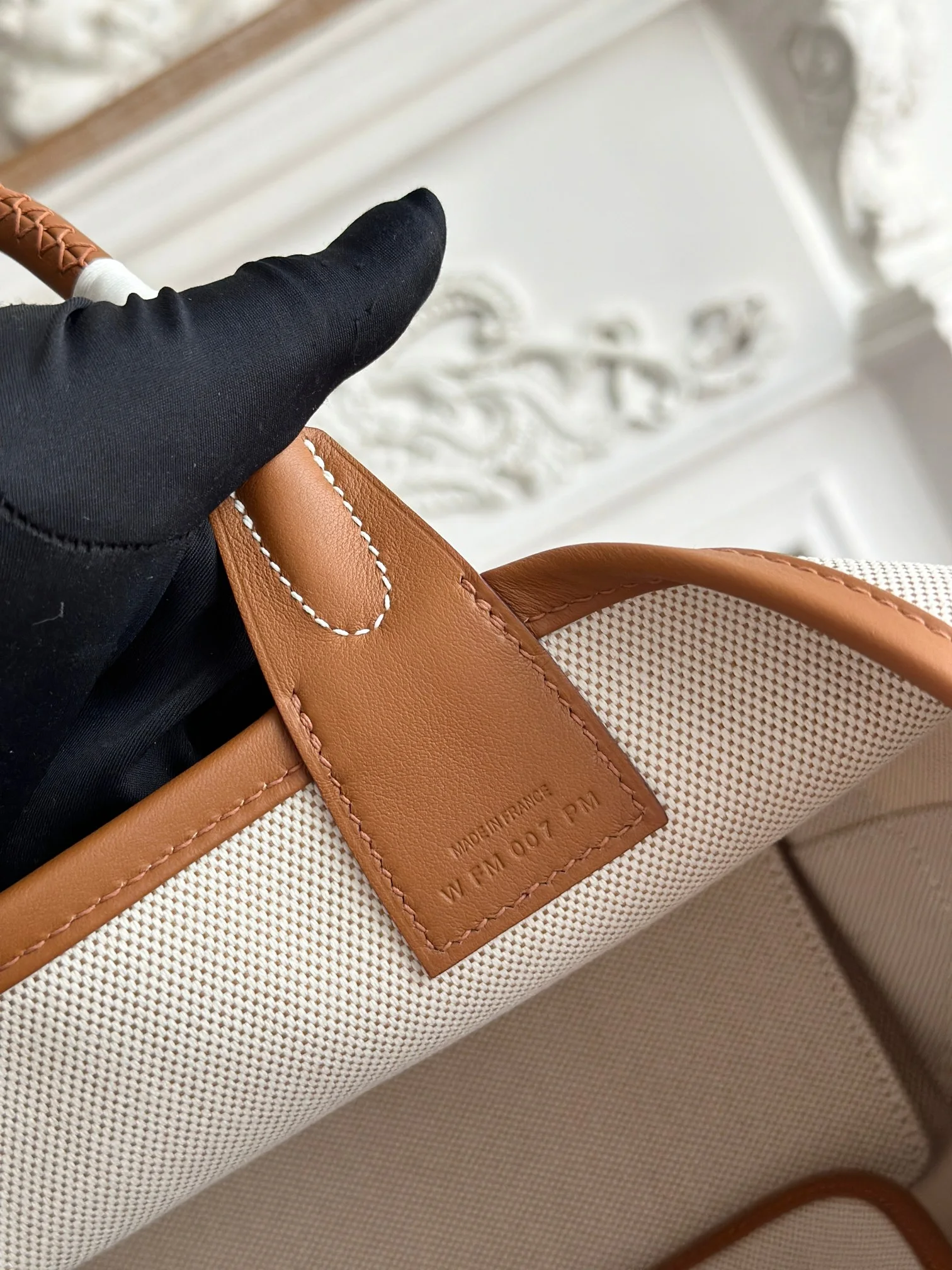 HERMES Top Handle Bags Canvas Calfskin (White-Brown) 25X23X15CM I50202608090666 - Image 7