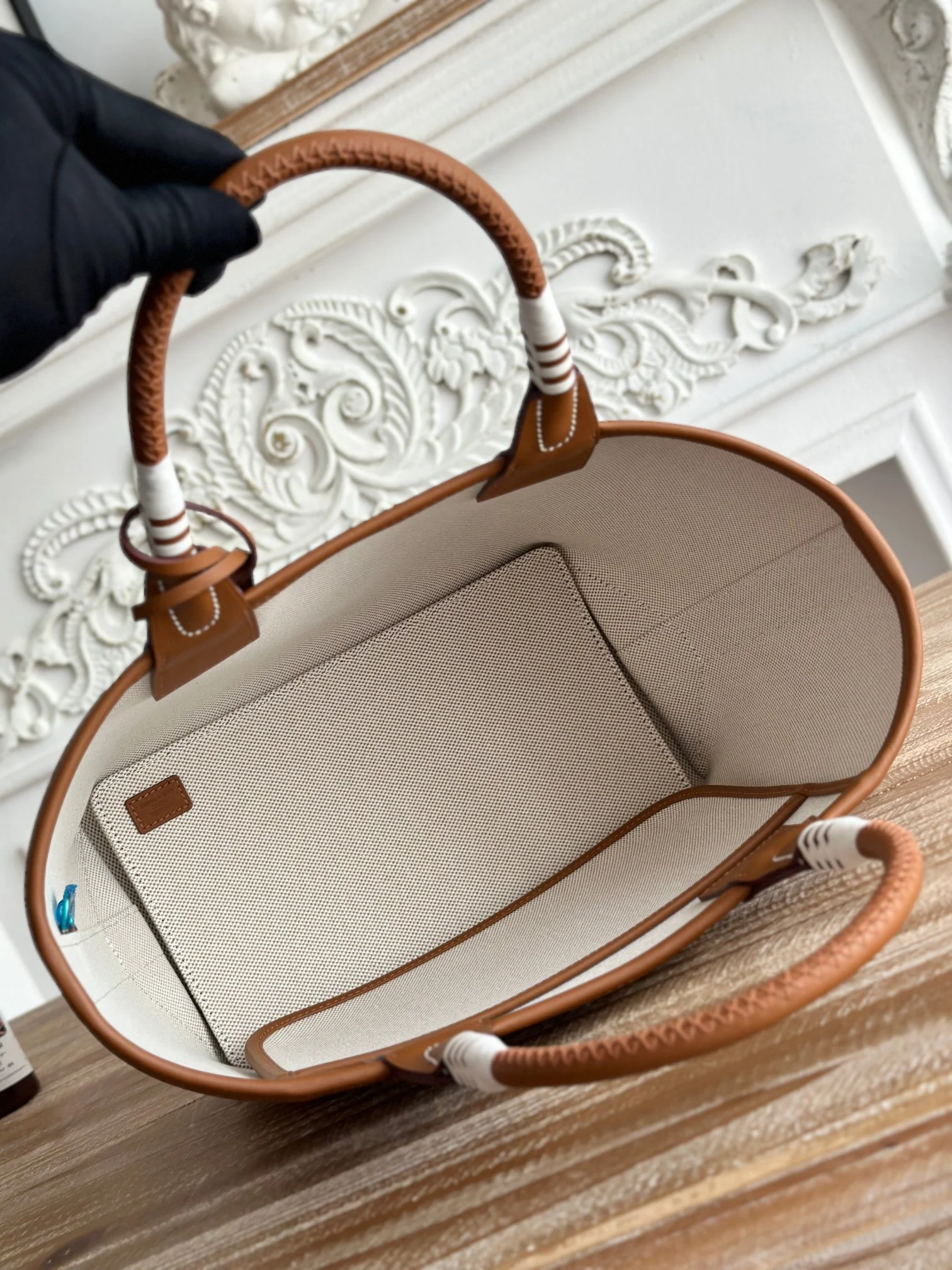 HERMES Top Handle Bags Canvas Calfskin (White-Brown) 25X23X15CM I50202608090666 - Image 9
