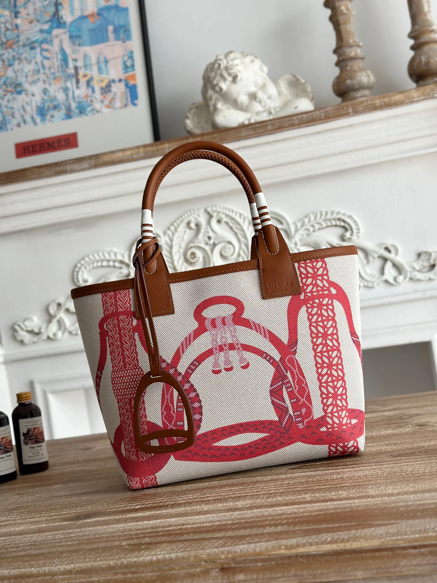 HERMES Top Handle Bags Canvas Calfskin (White-Red-Brown) 25X23X15CM I50202608090667