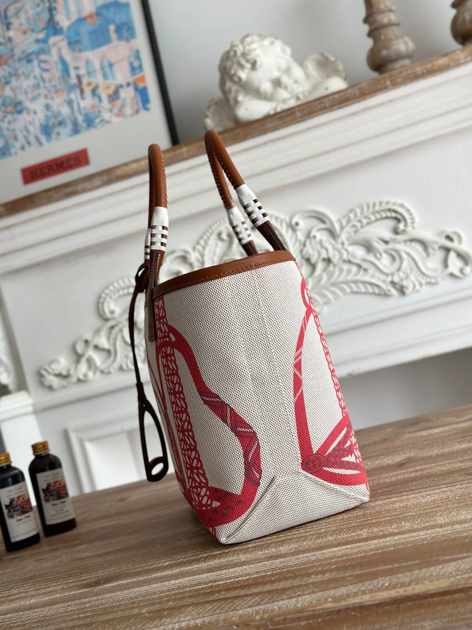 HERMES Top Handle Bags Canvas Calfskin (White-Red-Brown) 25X23X15CM I50202608090667 - Image 2