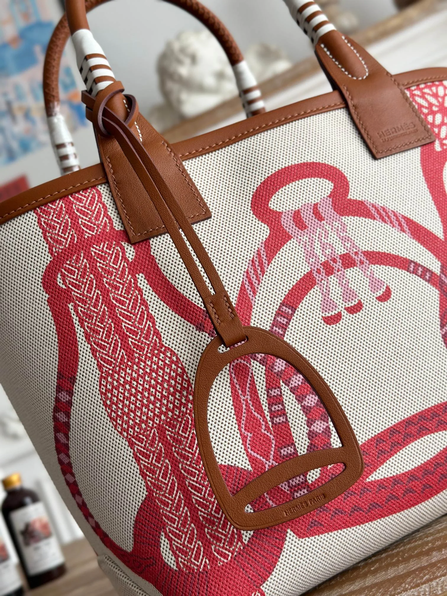 HERMES Top Handle Bags Canvas Calfskin (White-Red-Brown) 25X23X15CM I50202608090667 - Image 3
