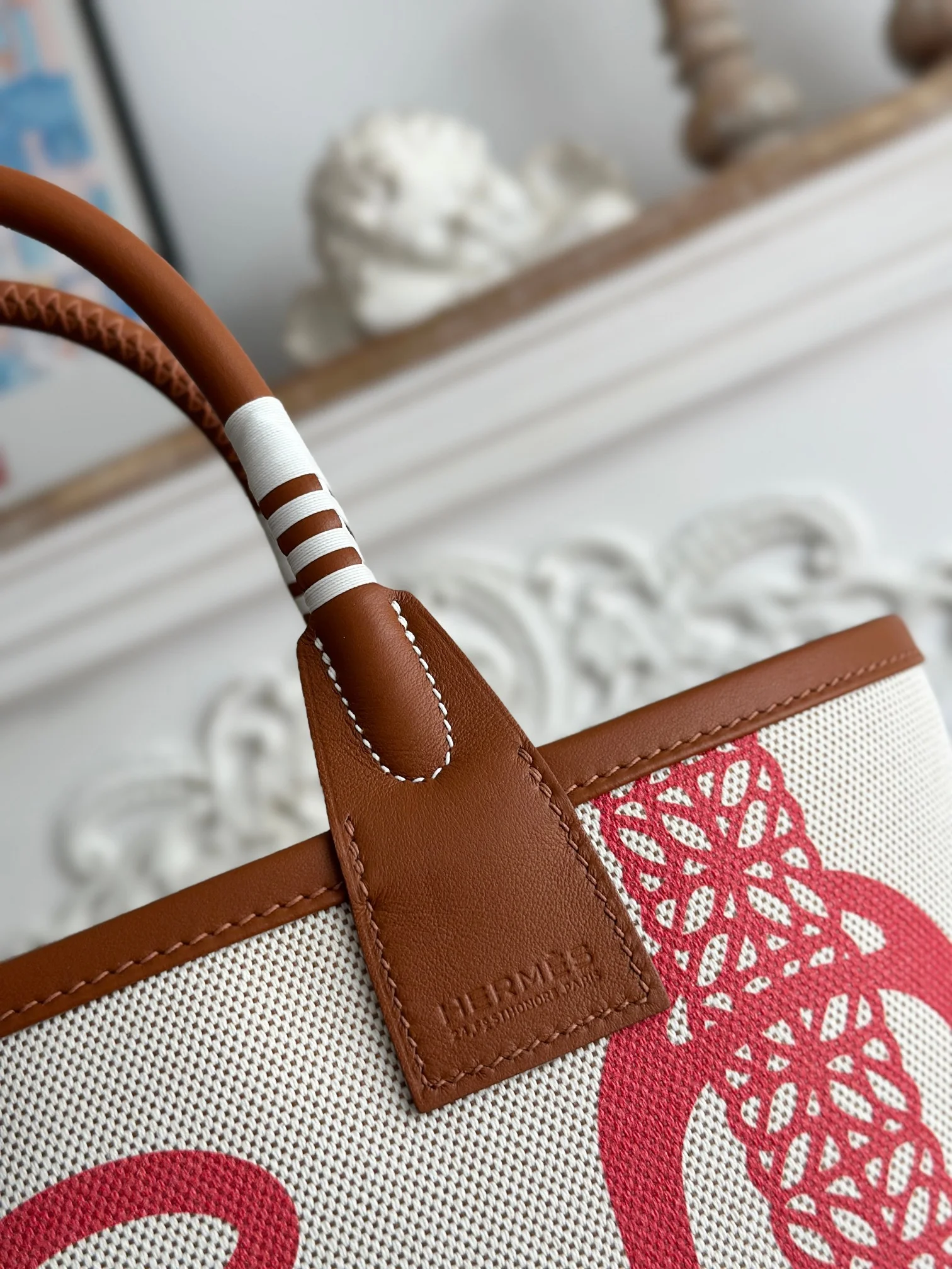HERMES Top Handle Bags Canvas Calfskin (White-Red-Brown) 25X23X15CM I50202608090667 - Image 4