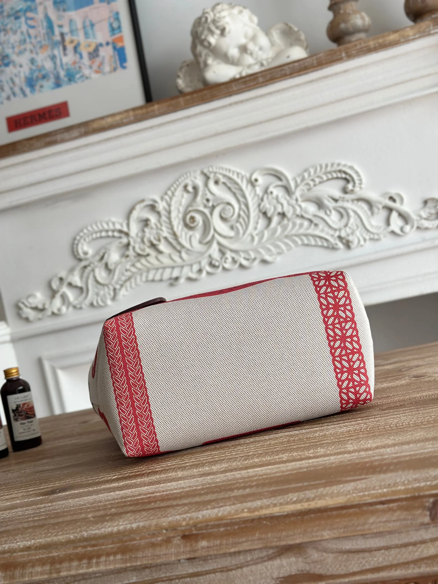 HERMES Top Handle Bags Canvas Calfskin (White-Red-Brown) 25X23X15CM I50202608090667 - Image 5