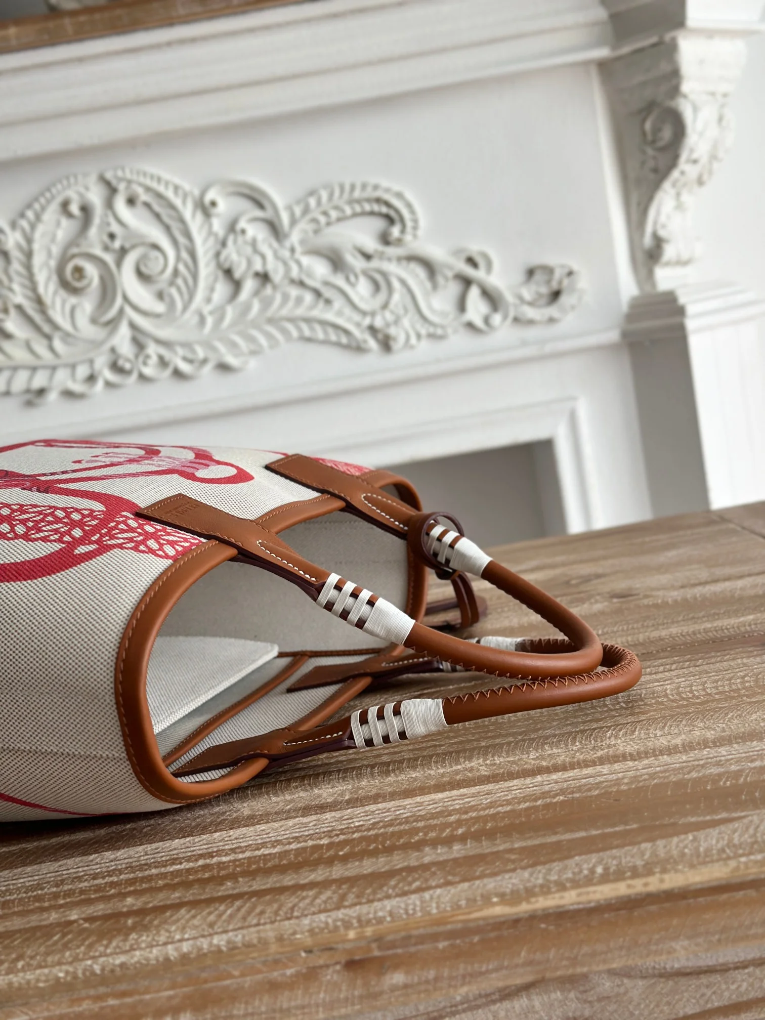 HERMES Top Handle Bags Canvas Calfskin (White-Red-Brown) 25X23X15CM I50202608090667 - Image 8