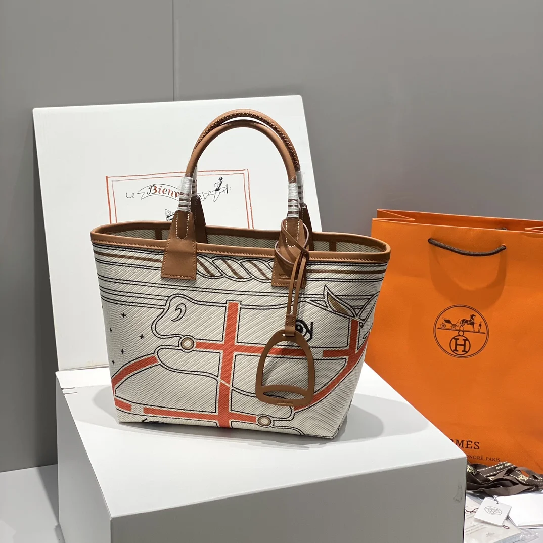 HERMES Top Handle Bags Canvas Leather (Cream-Brown) 25X23X15CM I50202608090687