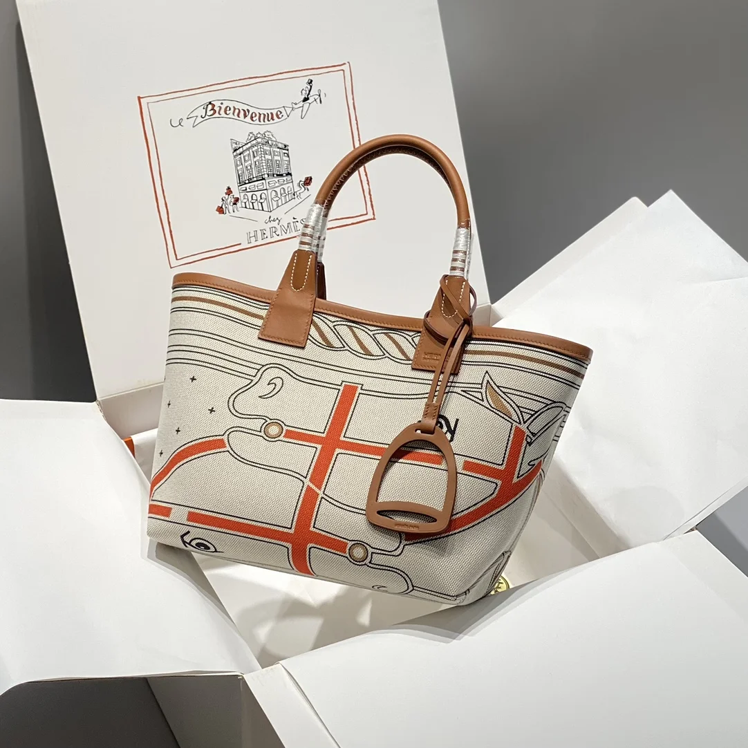 HERMES Top Handle Bags Canvas Leather (Cream-Brown) 25X23X15CM I50202608090687 - Image 2