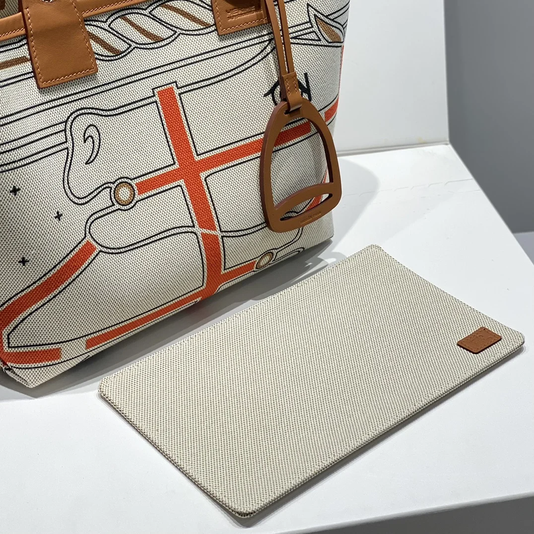 HERMES Top Handle Bags Canvas Leather (Cream-Brown) 25X23X15CM I50202608090687 - Image 4