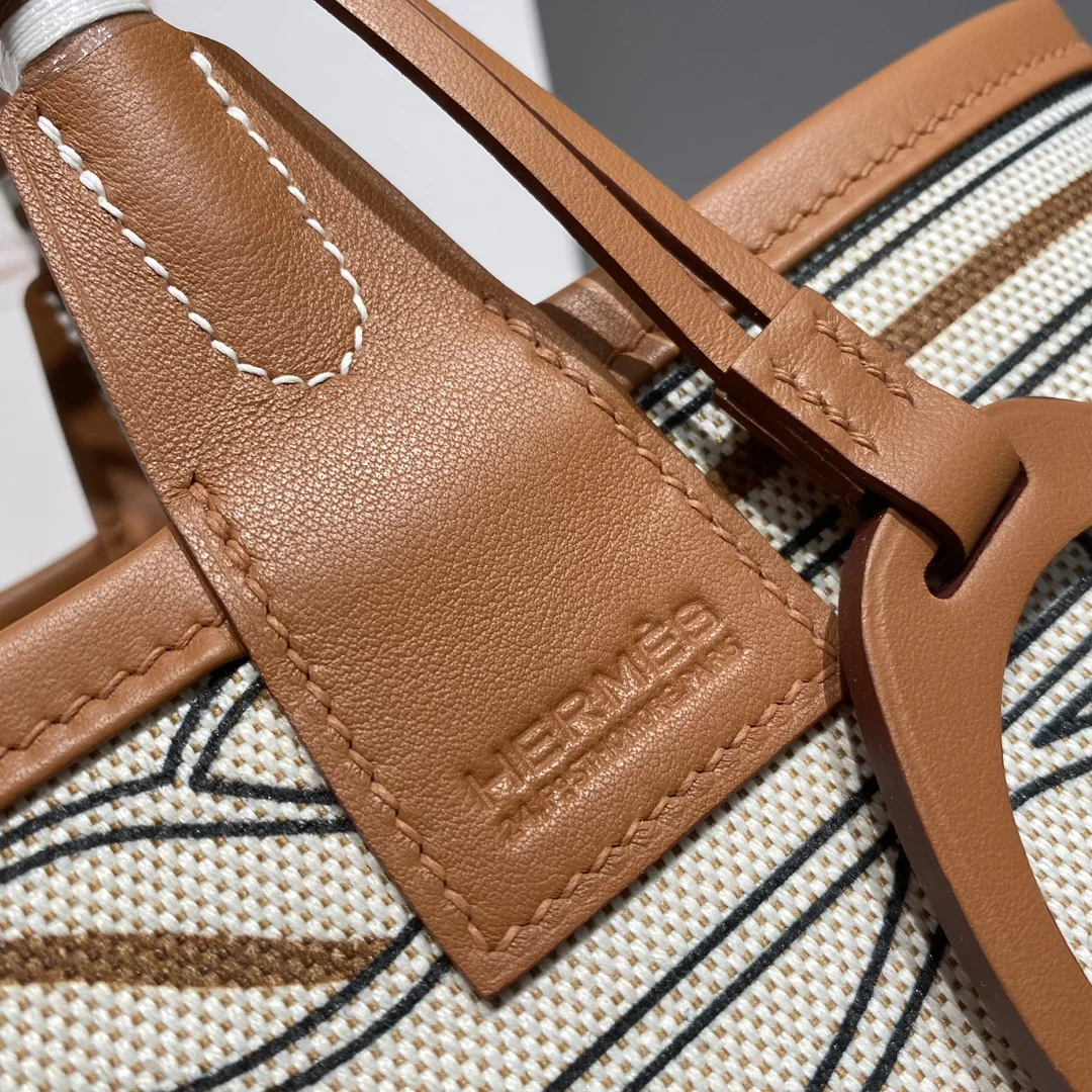 HERMES Top Handle Bags Canvas Leather (Cream-Brown) 25X23X15CM I50202608090687 - Image 5