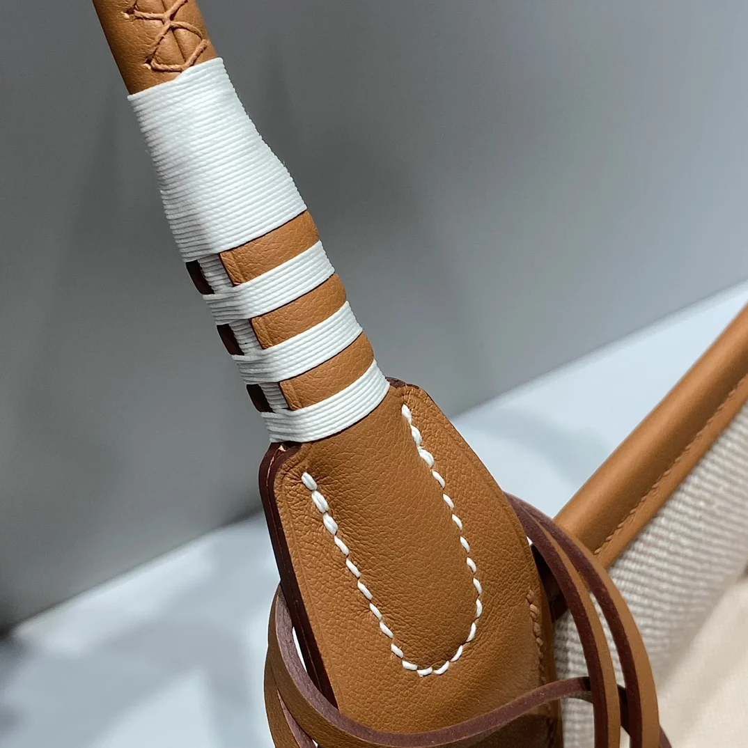 HERMES Top Handle Bags Canvas Leather (Cream-Brown) 25X23X15CM I50202608090687 - Image 9