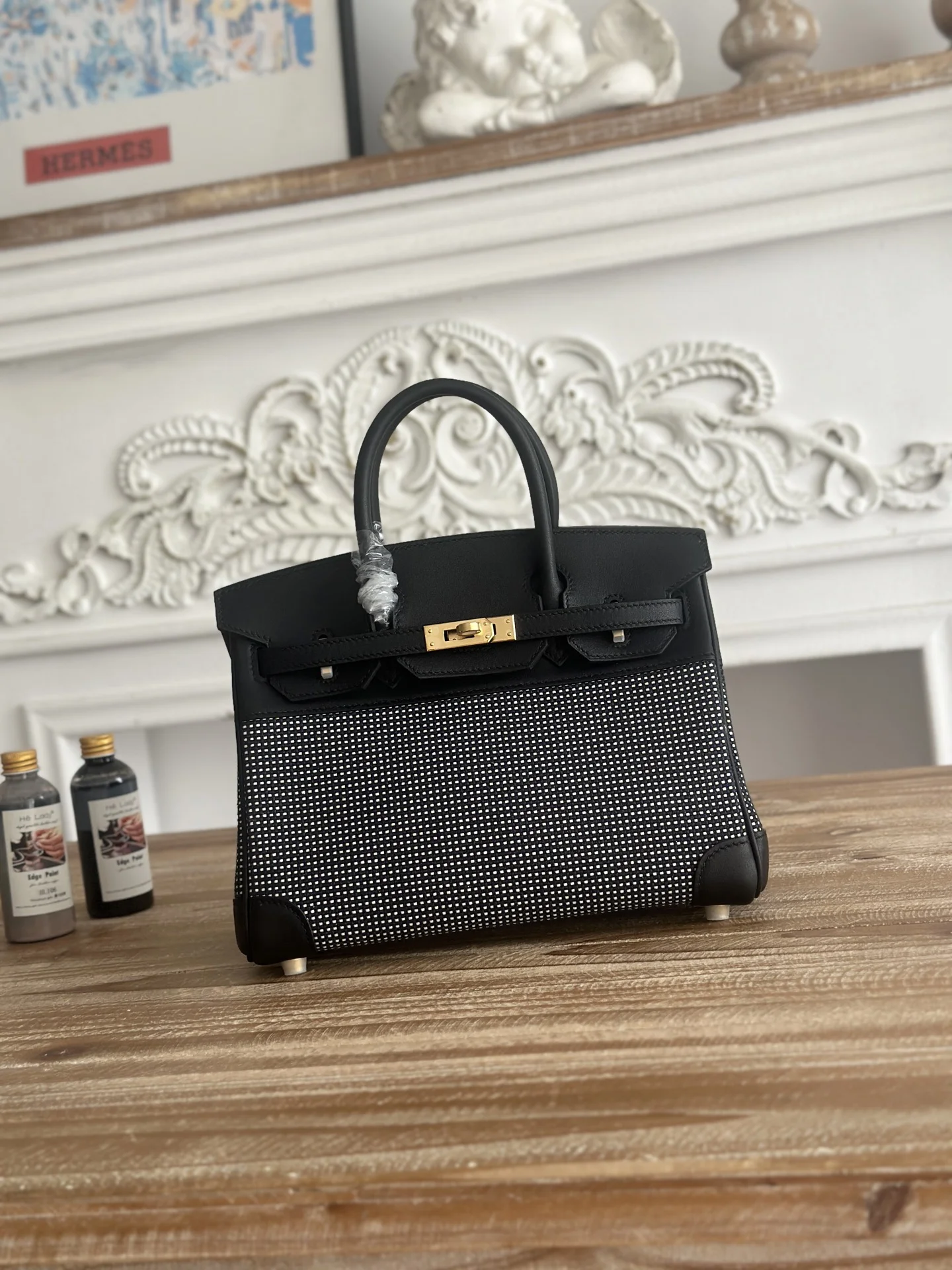 HERMES Top Handle Bags Canvas Swift Leather (Black-Gold) 25X30CM A100202608090613