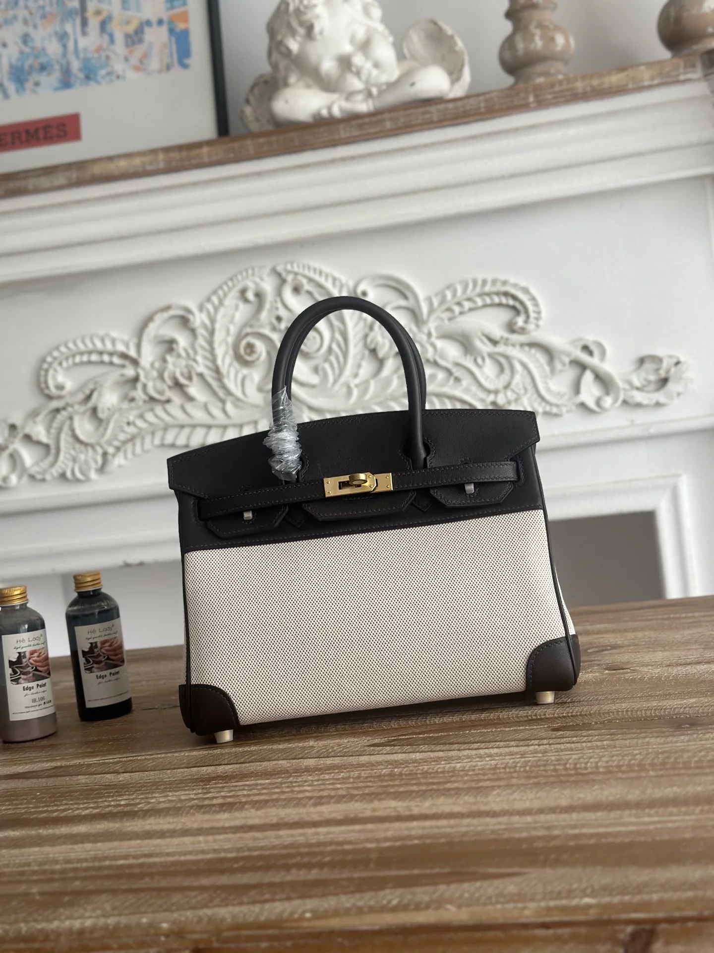 HERMES Top Handle Bags Canvas Swift Leather (Black-White) 30X25CM A100202608090609