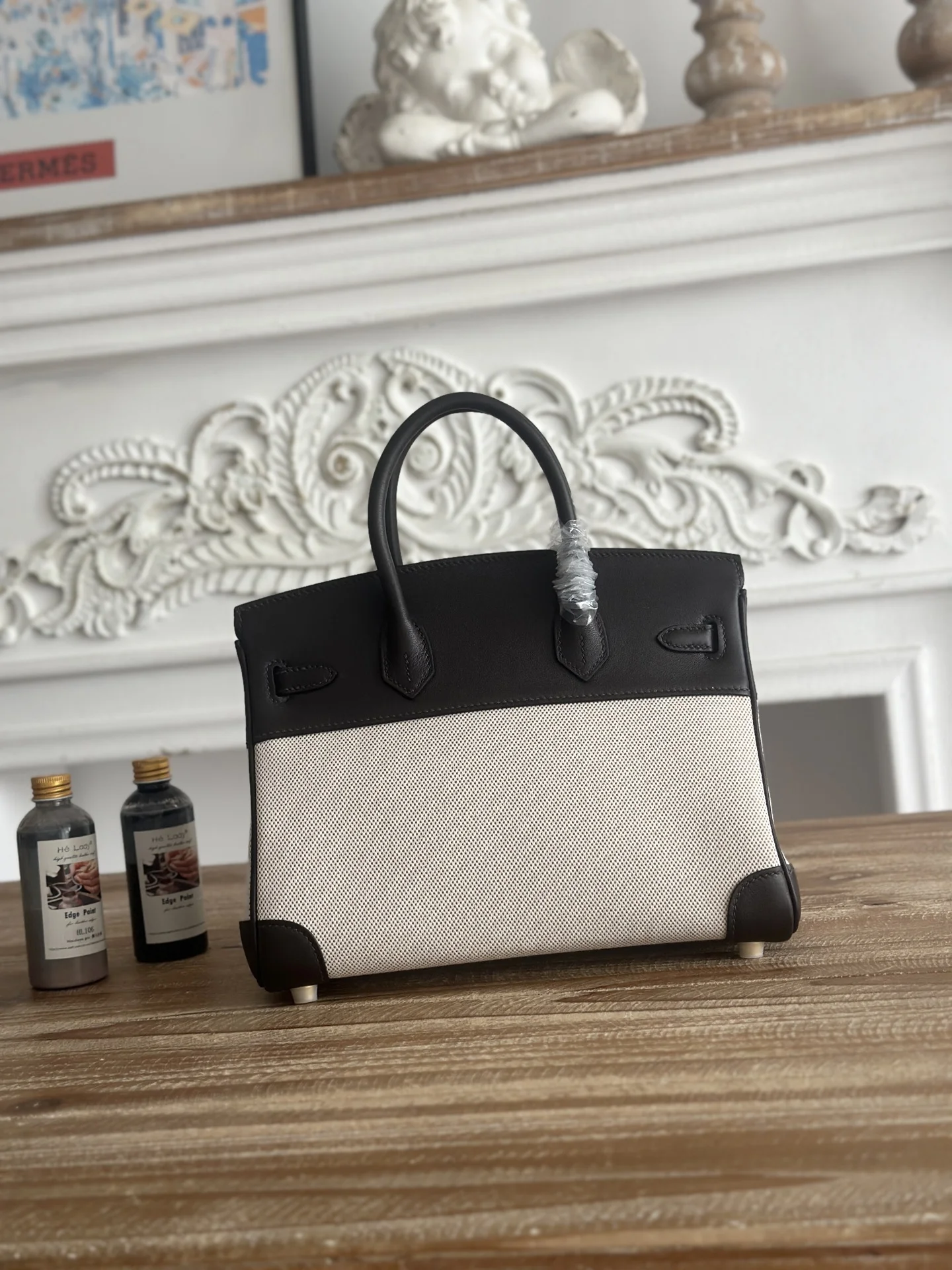 HERMES Top Handle Bags Canvas Swift Leather (Black-White) 30X25CM A100202608090609 - Image 3