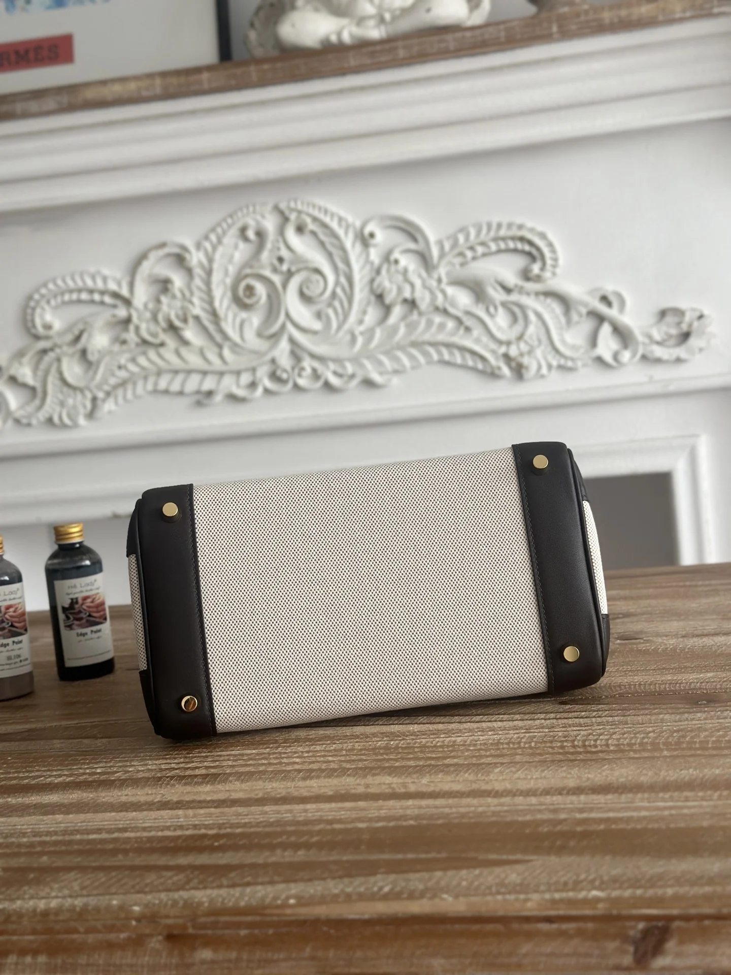 HERMES Top Handle Bags Canvas Swift Leather (Black-White) 30X25CM A100202608090609 - Image 5