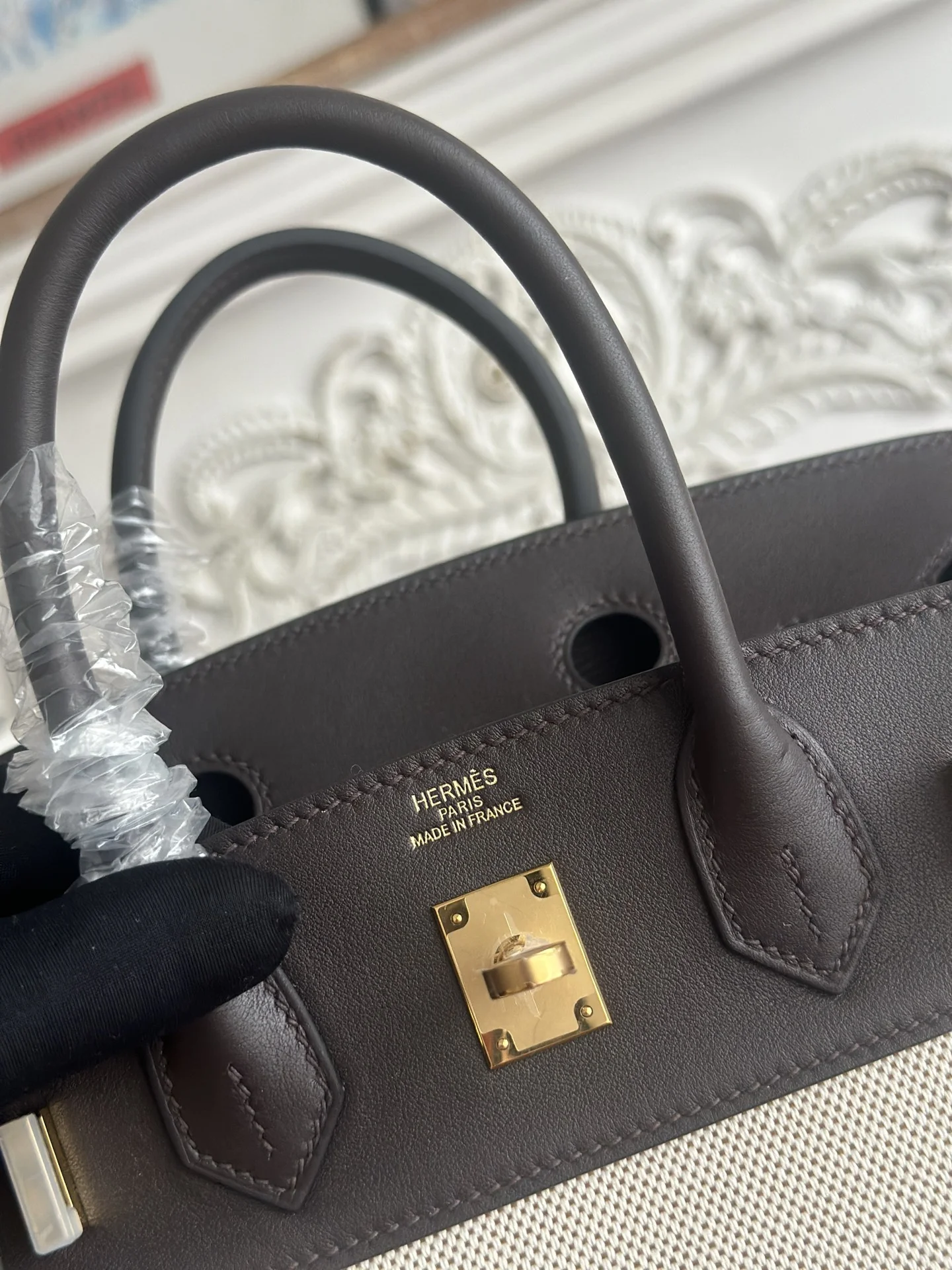 HERMES Top Handle Bags Canvas Swift Leather (Black-White) 30X25CM A100202608090609 - Image 9