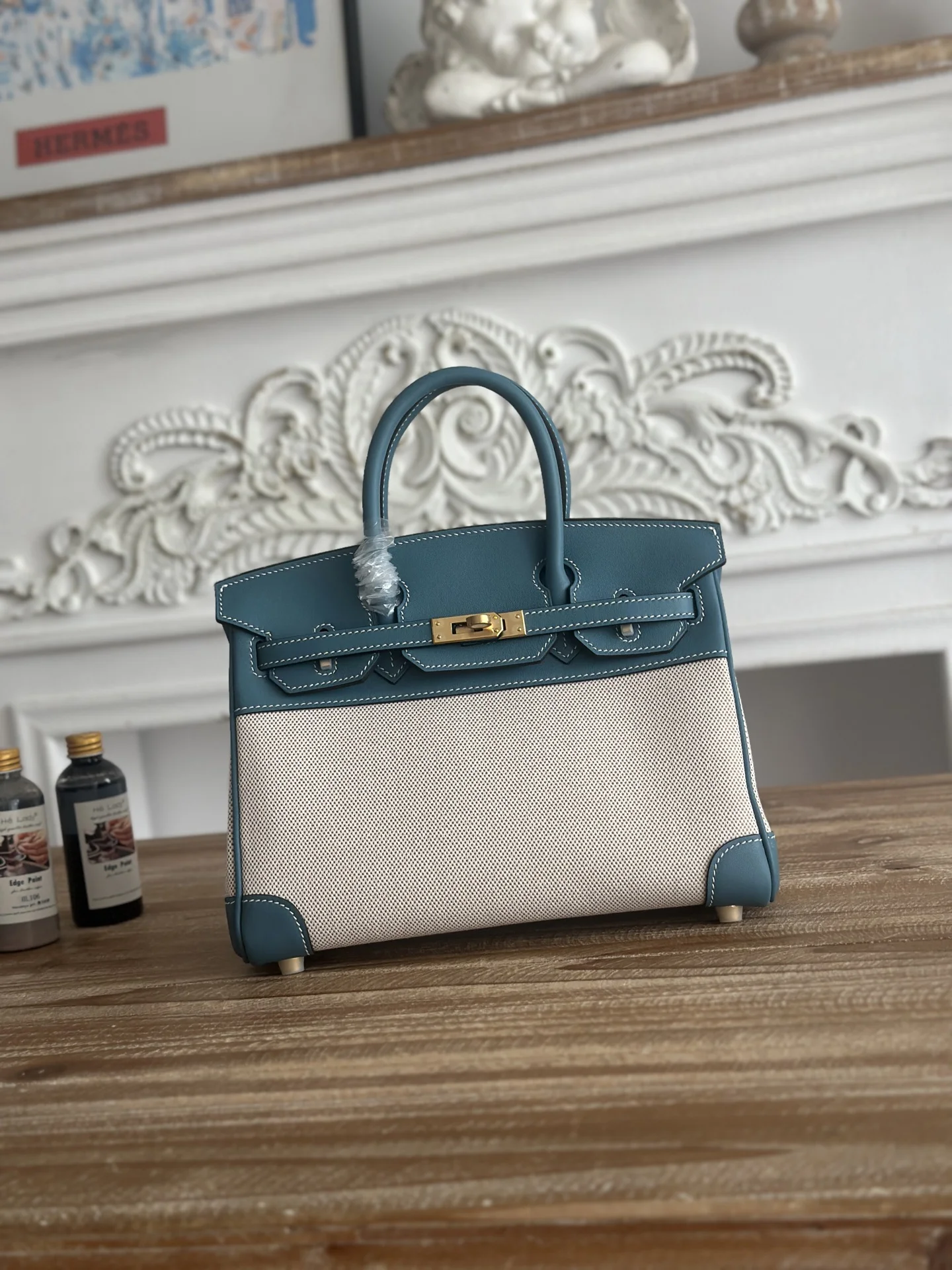 HERMES Top Handle Bags Canvas Swift Leather (Blue-Beige) 30X25CM A100202608090612