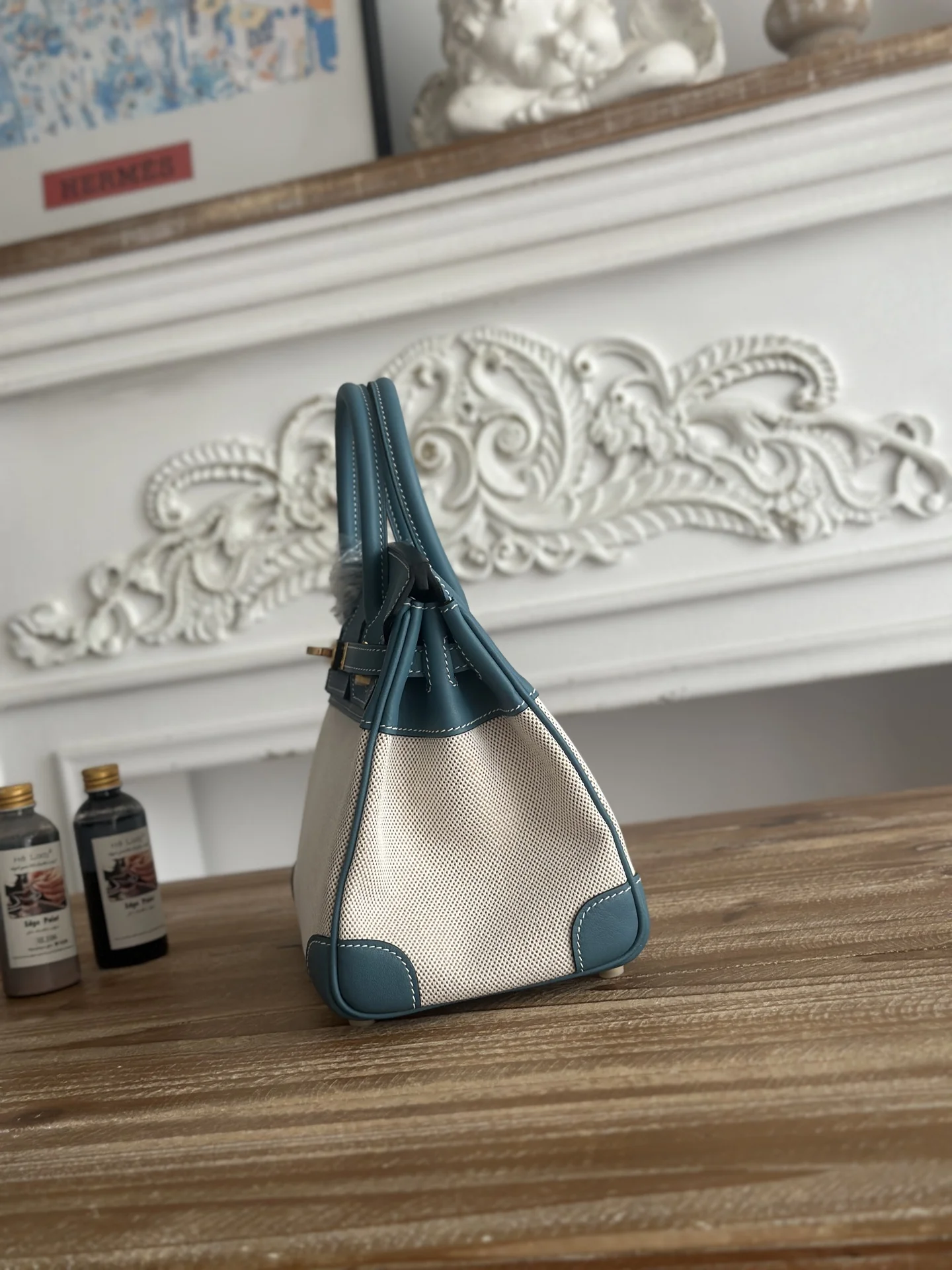HERMES Top Handle Bags Canvas Swift Leather (Blue-Beige) 30X25CM A100202608090612 - Image 2