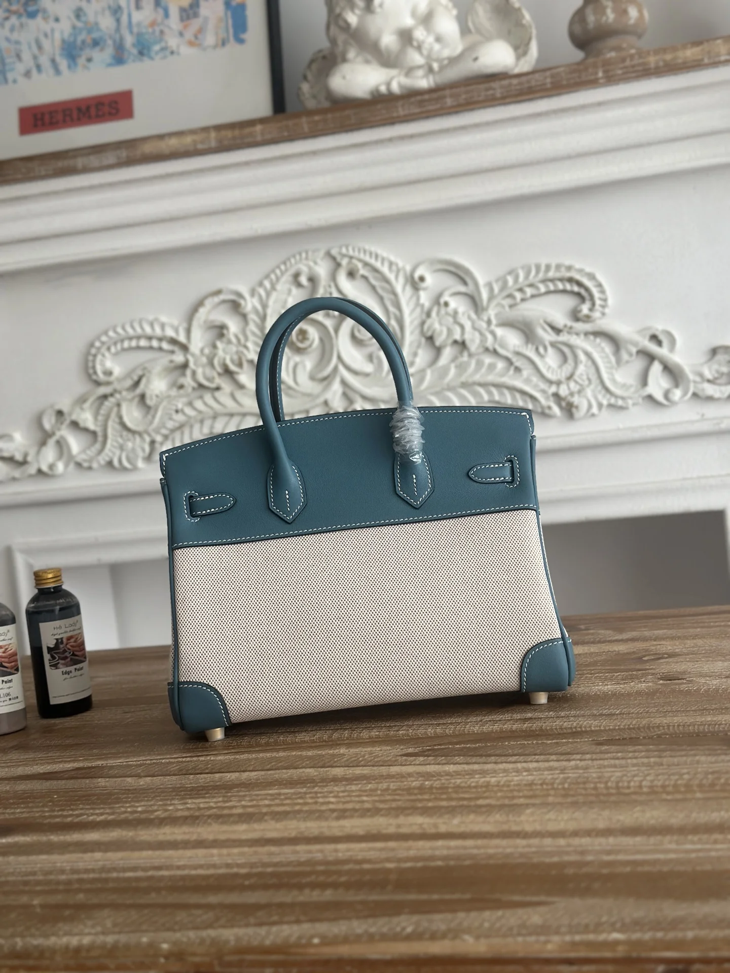 HERMES Top Handle Bags Canvas Swift Leather (Blue-Beige) 30X25CM A100202608090612 - Image 3