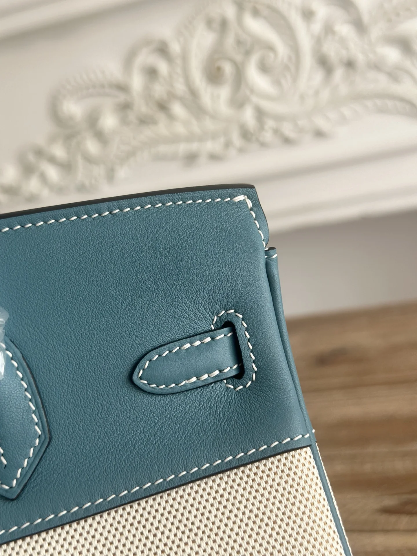 HERMES Top Handle Bags Canvas Swift Leather (Blue-Beige) 30X25CM A100202608090612 - Image 4