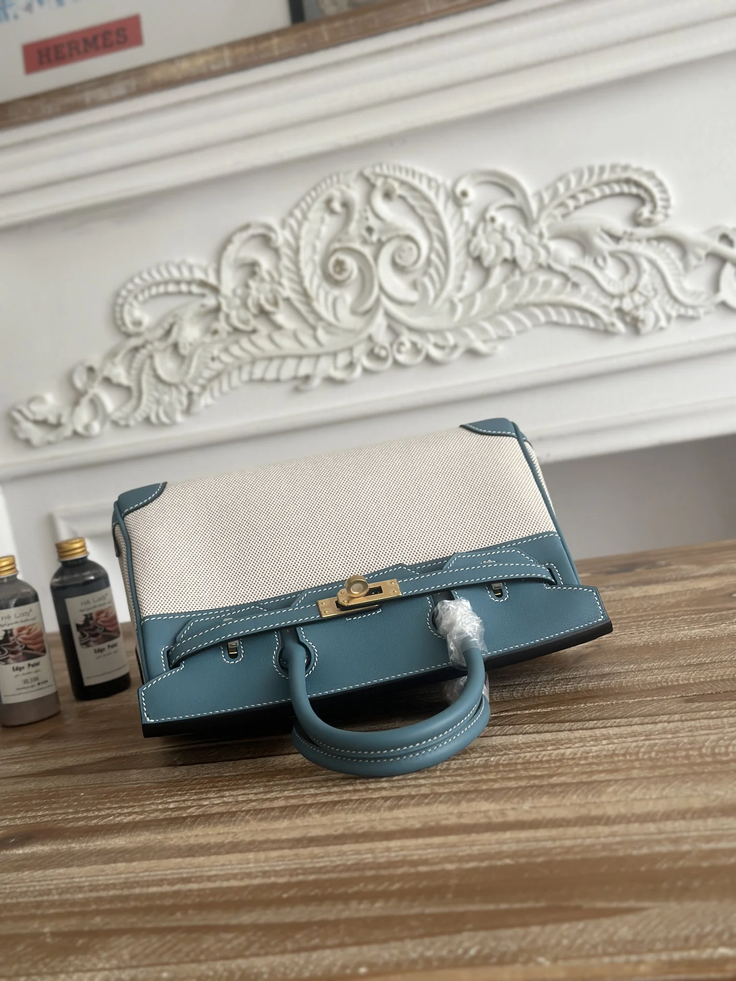 HERMES Top Handle Bags Canvas Swift Leather (Blue-Beige) 30X25CM A100202608090612 - Image 6