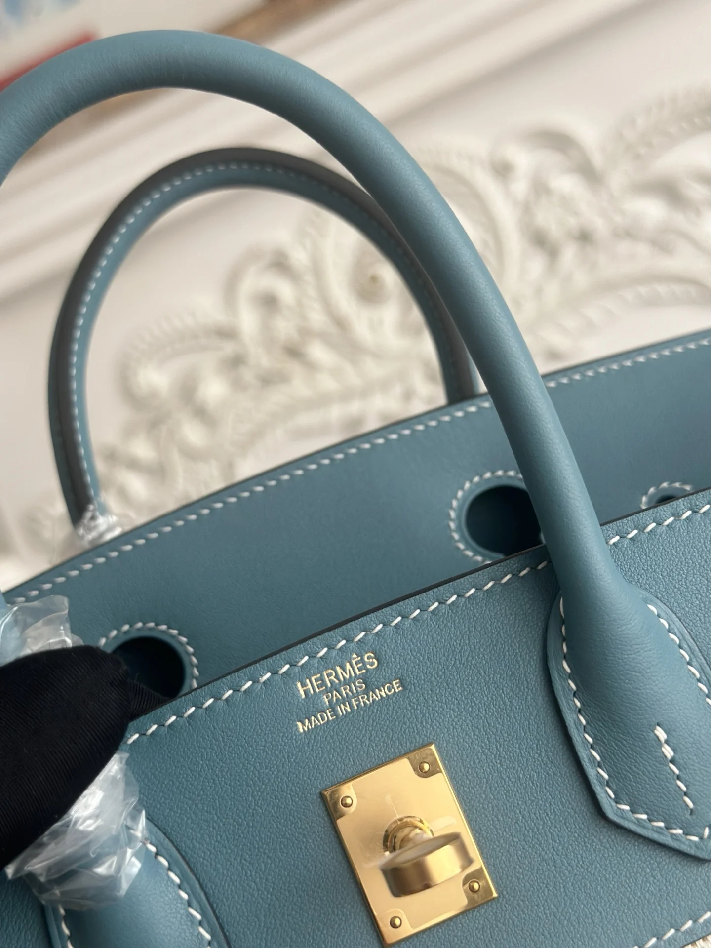 HERMES Top Handle Bags Canvas Swift Leather (Blue-Beige) 30X25CM A100202608090612 - Image 9