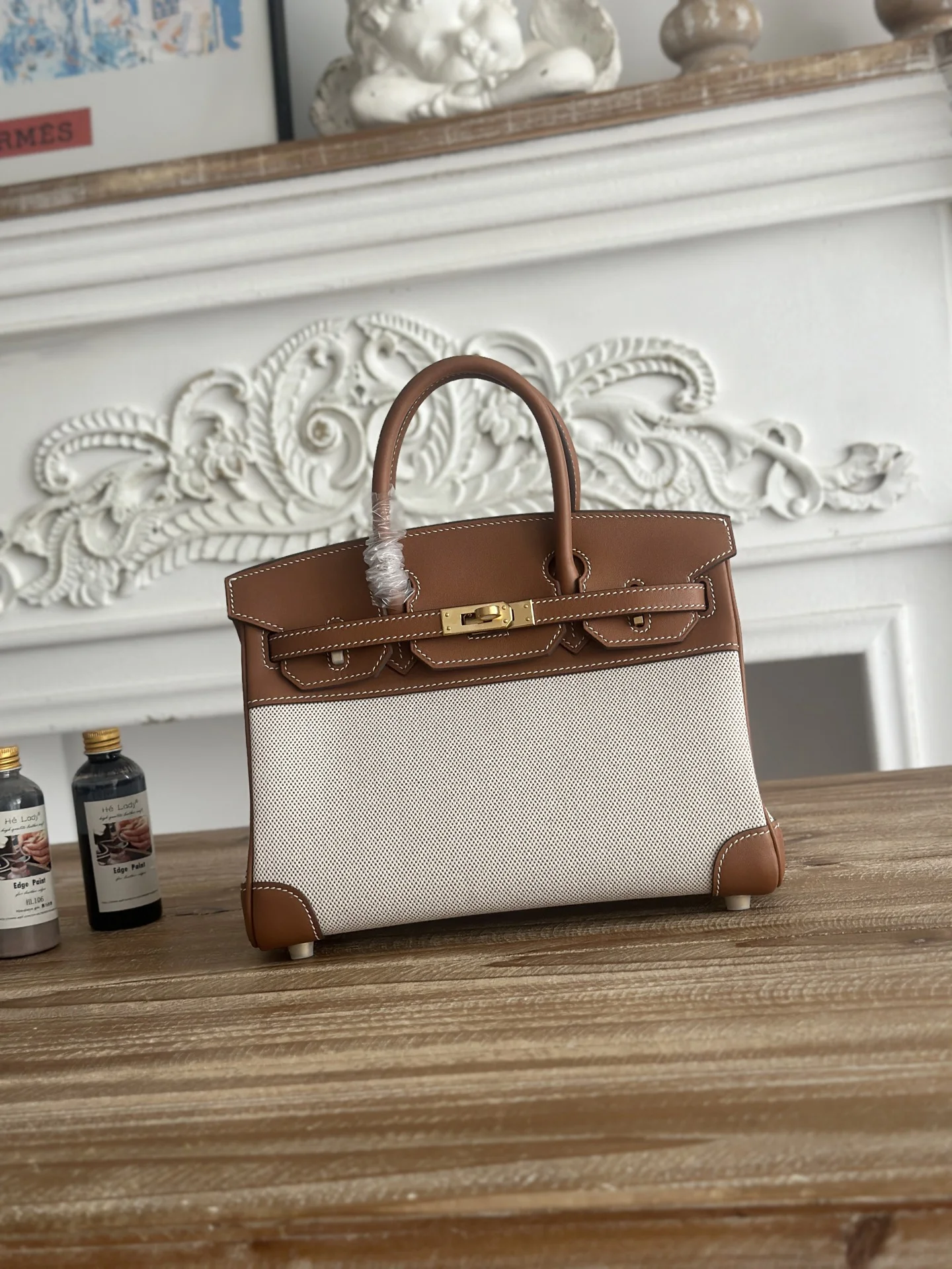 HERMES Top Handle Bags Canvas Swift Leather (Brown-White) 30X25CM A100202608090611