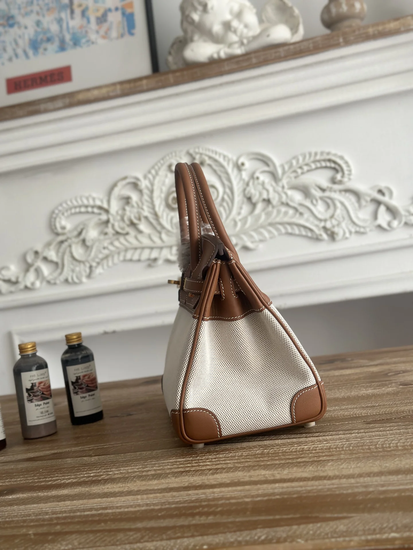 HERMES Top Handle Bags Canvas Swift Leather (Brown-White) 30X25CM A100202608090611 - Image 2