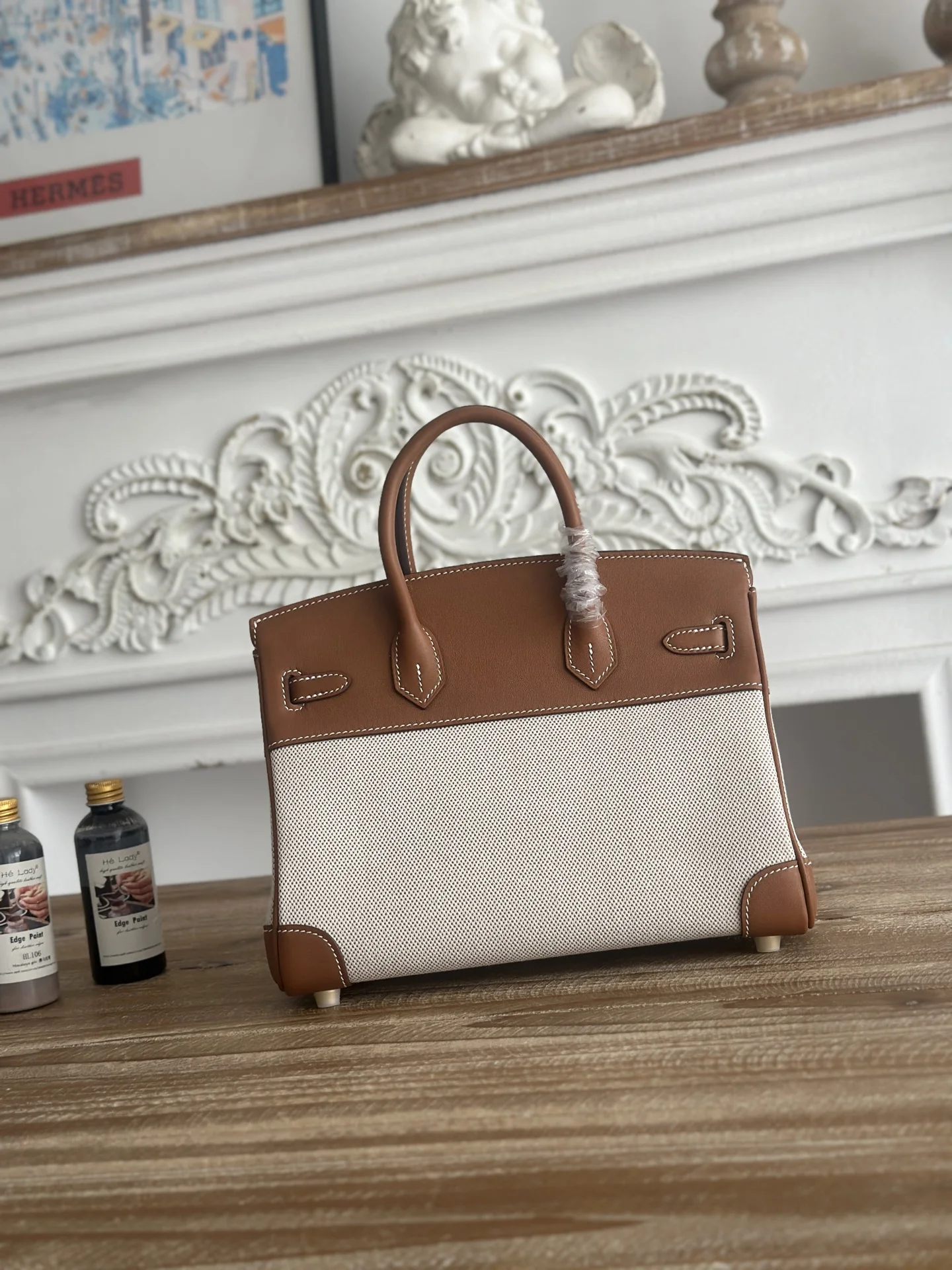 HERMES Top Handle Bags Canvas Swift Leather (Brown-White) 30X25CM A100202608090611 - Image 3