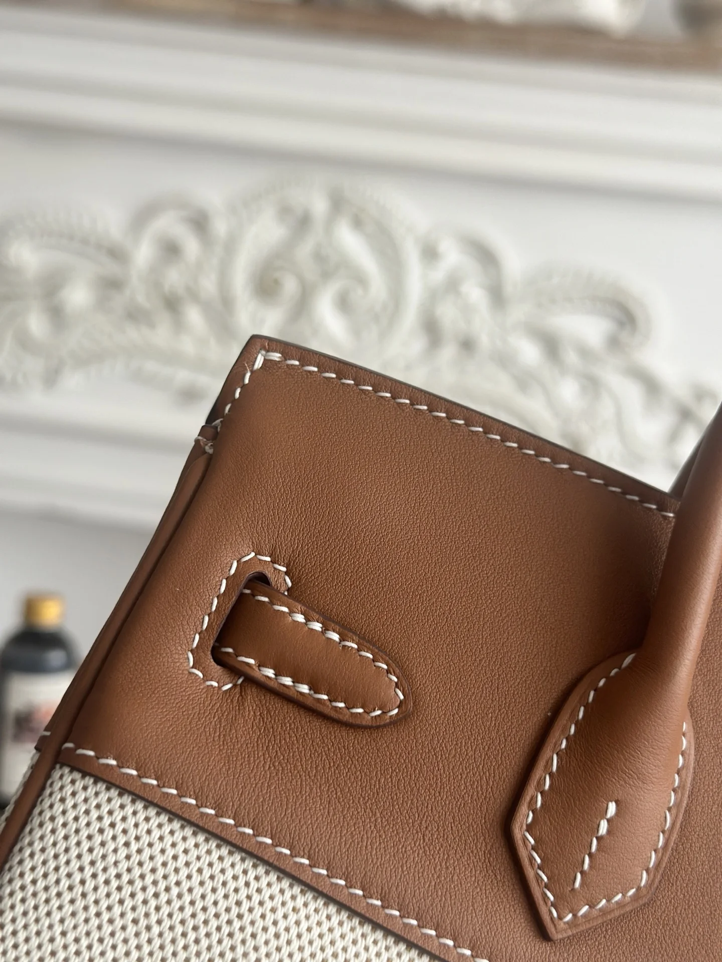 HERMES Top Handle Bags Canvas Swift Leather (Brown-White) 30X25CM A100202608090611 - Image 4