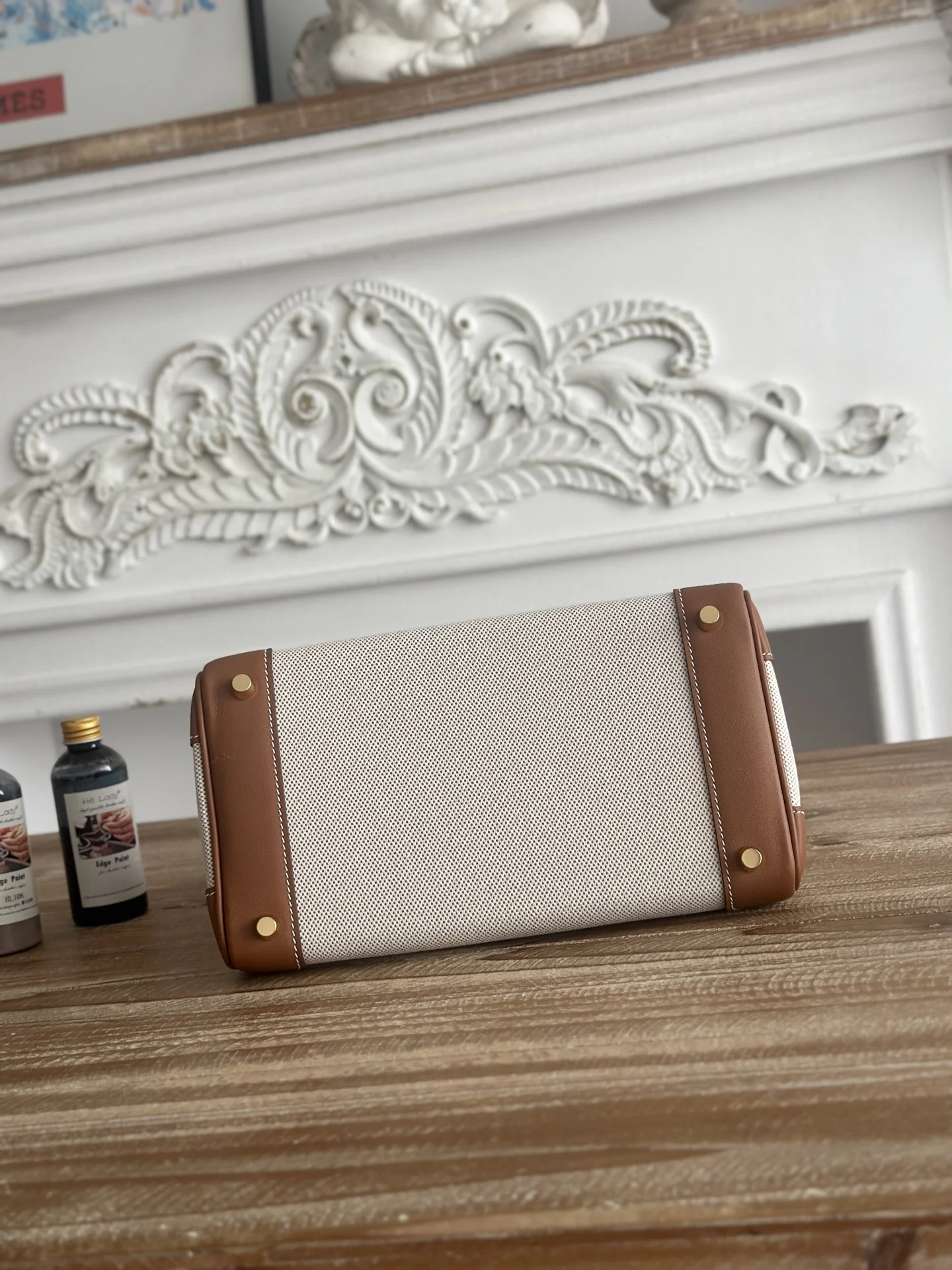 HERMES Top Handle Bags Canvas Swift Leather (Brown-White) 30X25CM A100202608090611 - Image 5