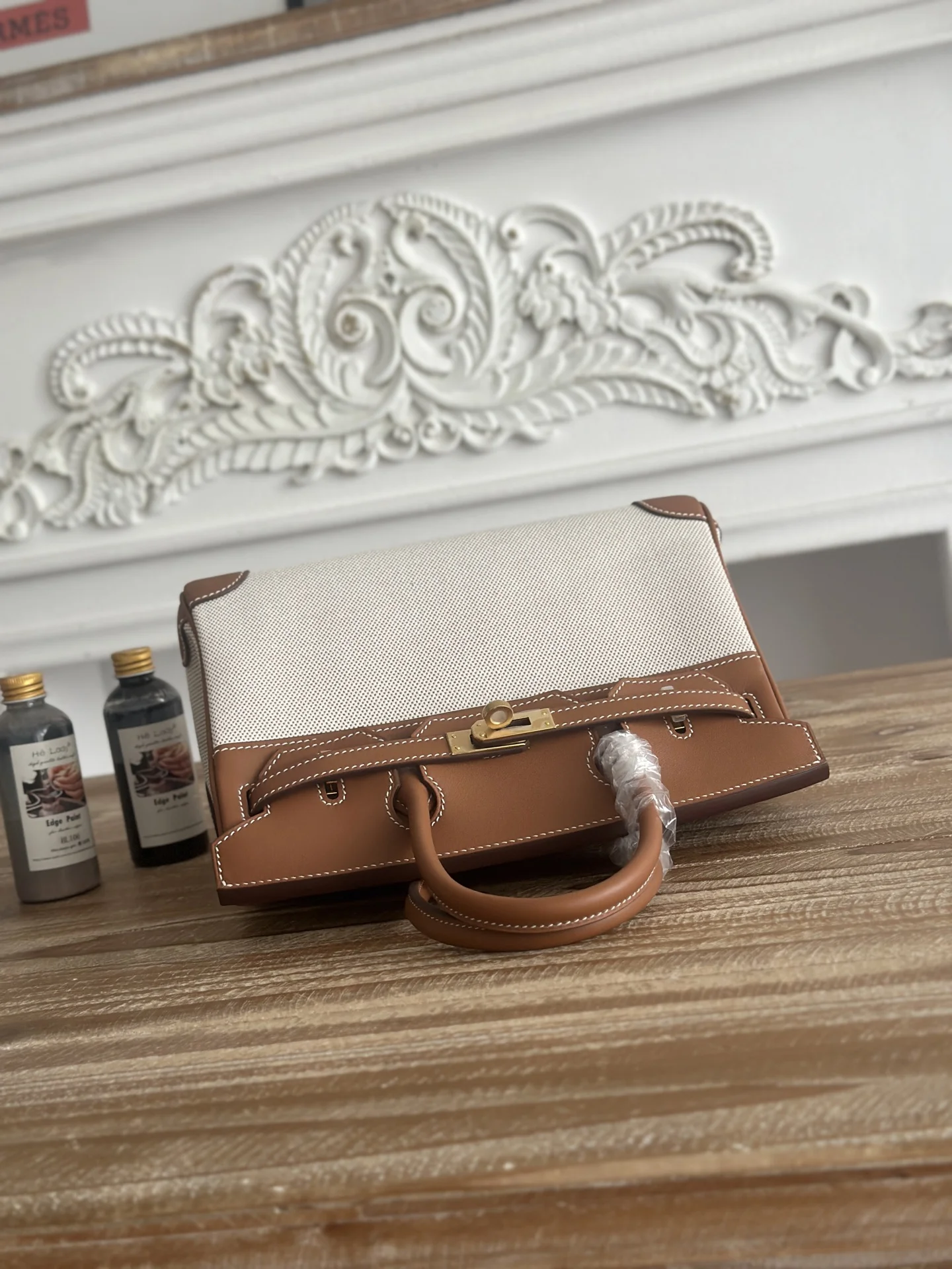 HERMES Top Handle Bags Canvas Swift Leather (Brown-White) 30X25CM A100202608090611 - Image 6