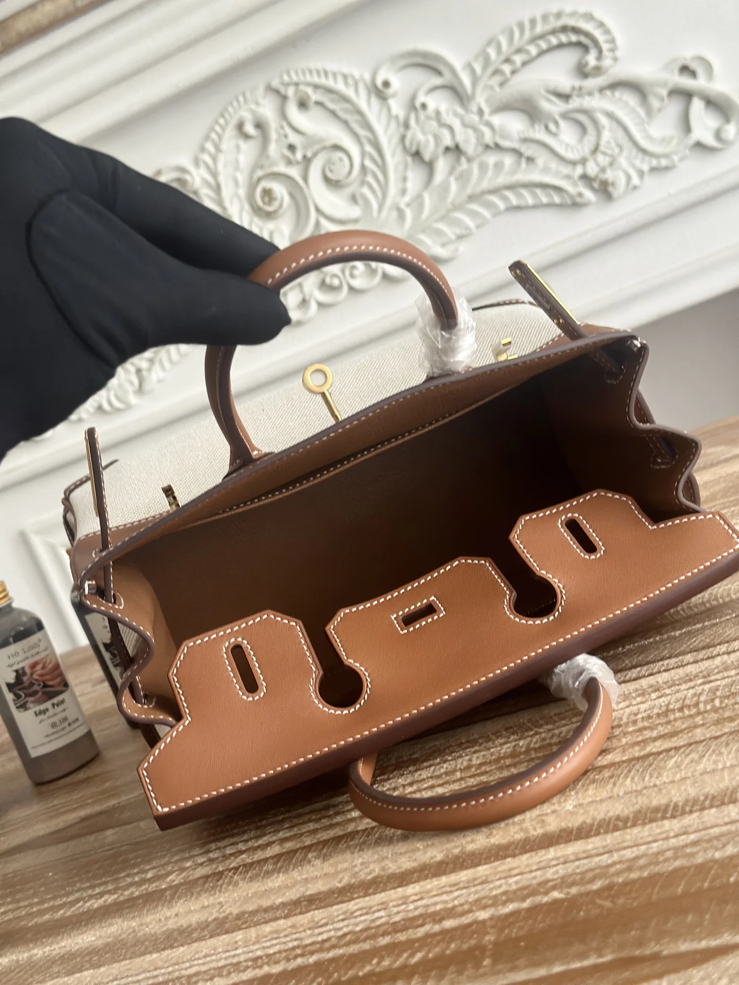 HERMES Top Handle Bags Canvas Swift Leather (Brown-White) 30X25CM A100202608090611 - Image 8
