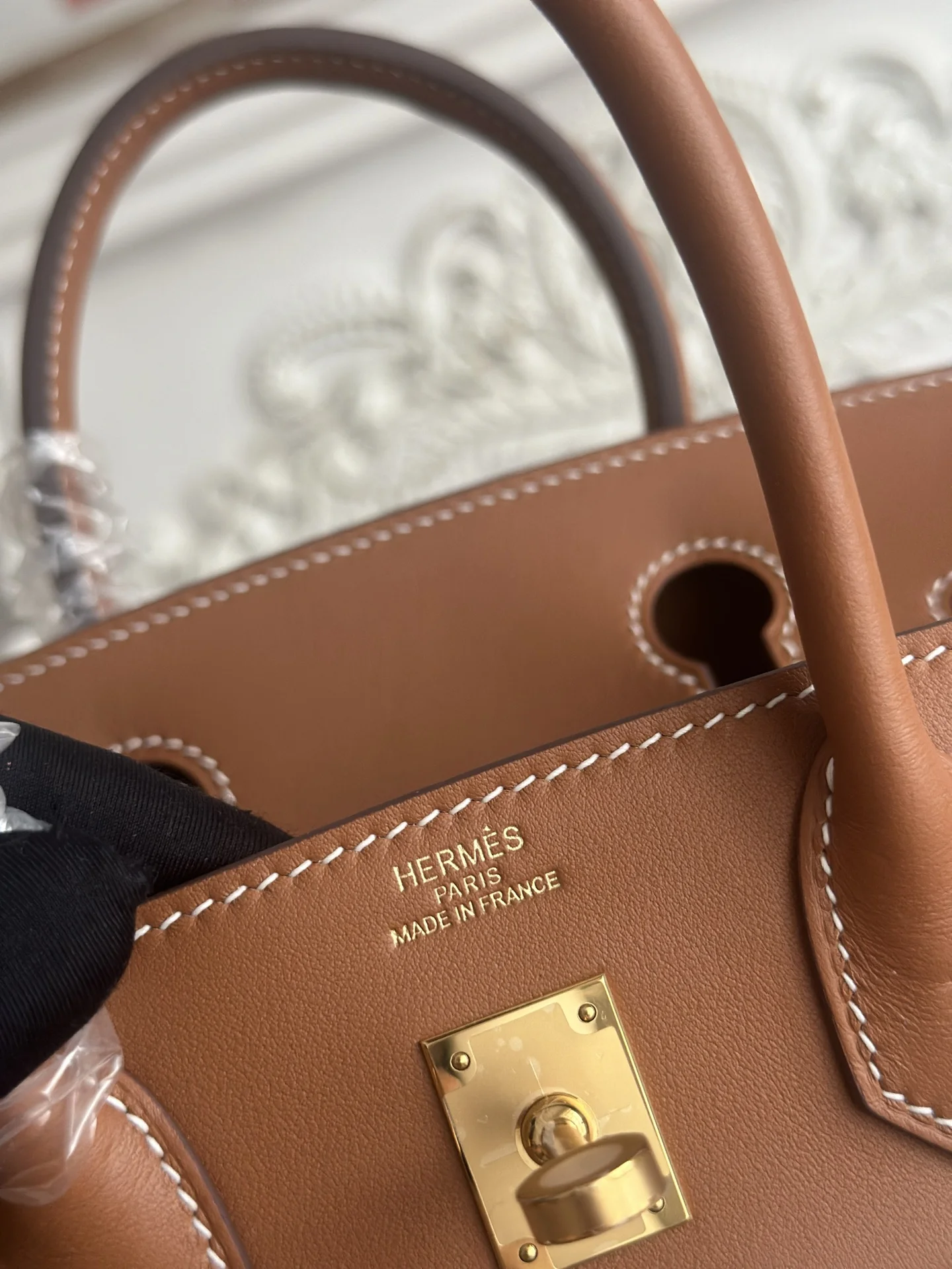 HERMES Top Handle Bags Canvas Swift Leather (Brown-White) 30X25CM A100202608090611 - Image 9