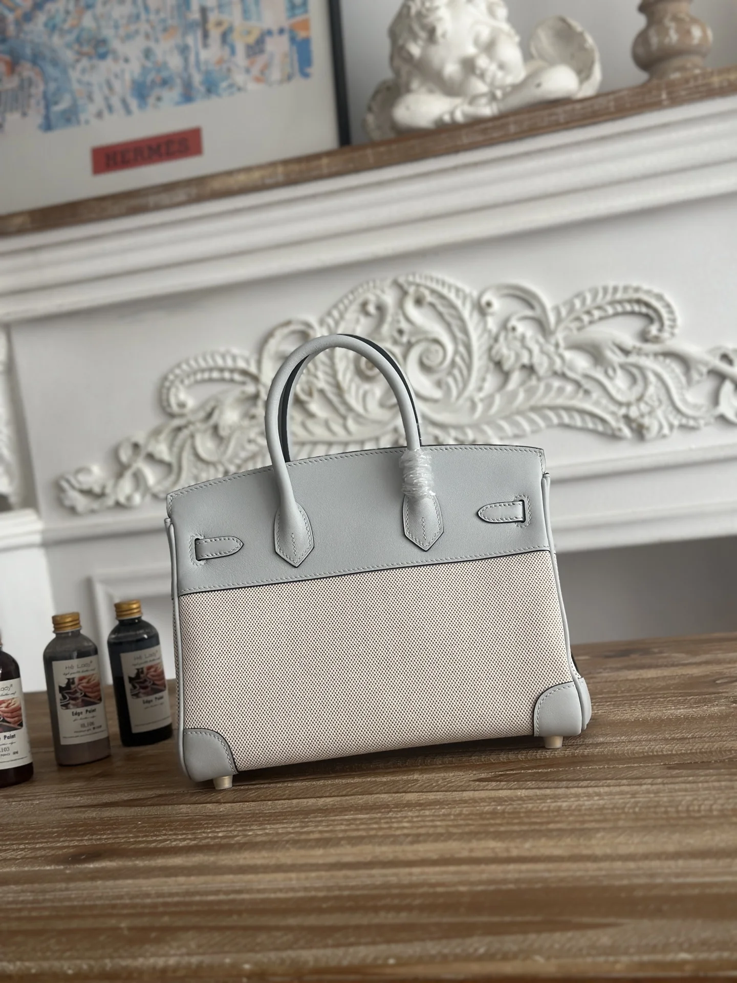 HERMES Top Handle Bags Canvas Swift Leather (Grey-Beige) 30X25CM A100202608090615 - Image 3