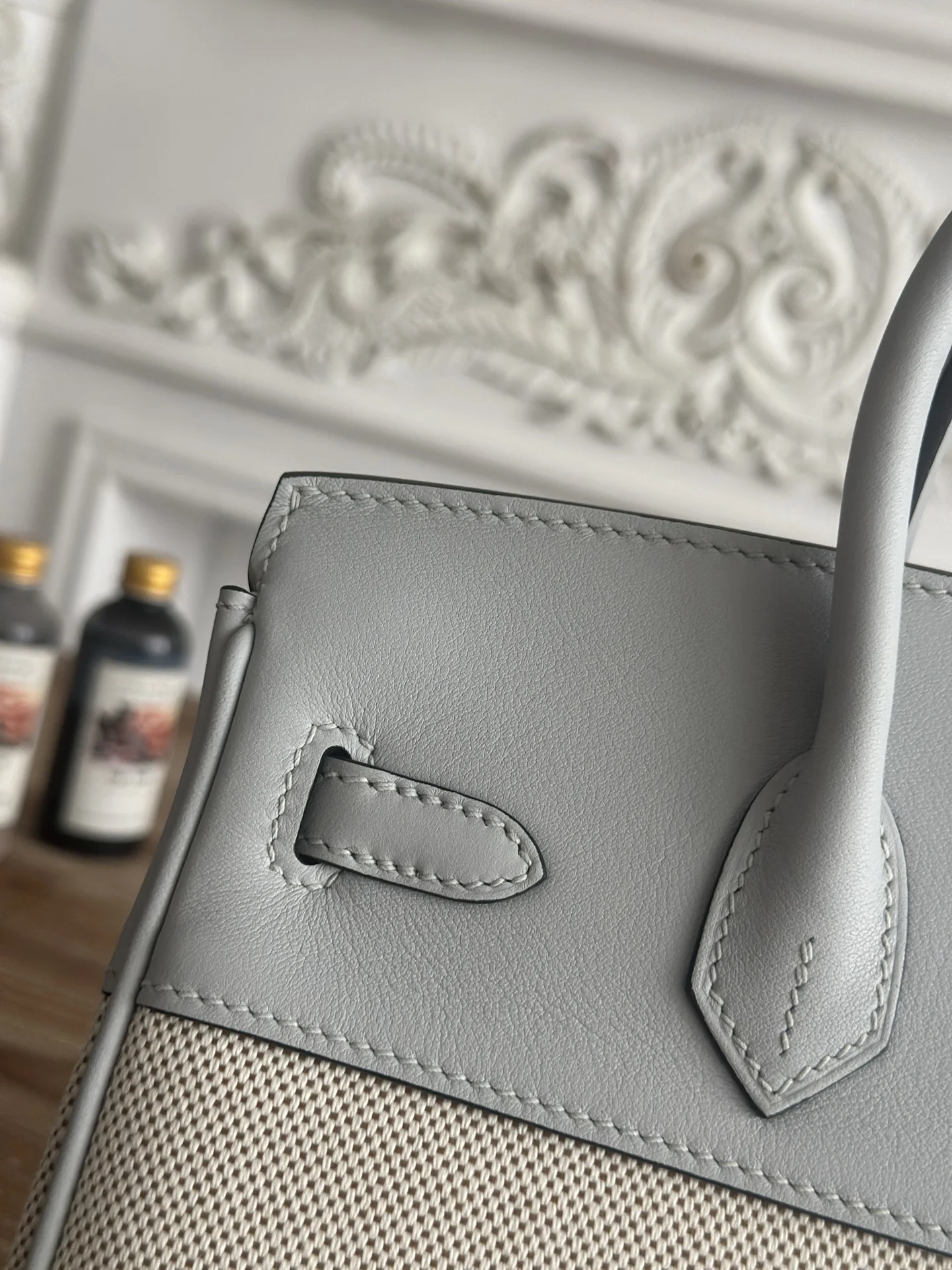 HERMES Top Handle Bags Canvas Swift Leather (Grey-Beige) 30X25CM A100202608090615 - Image 4