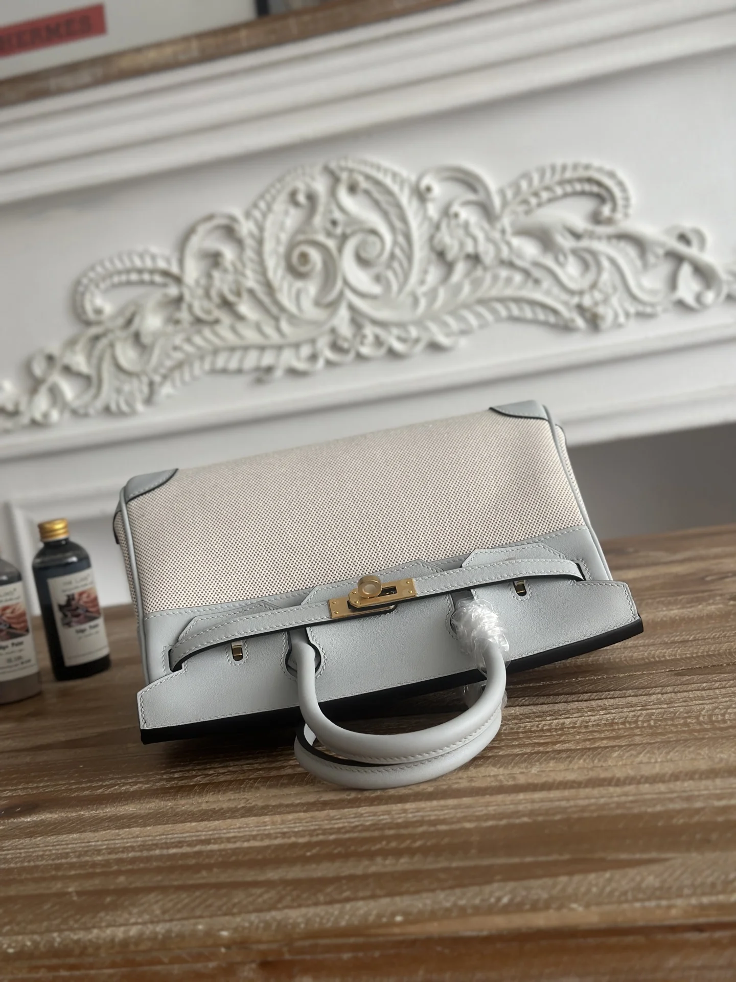 HERMES Top Handle Bags Canvas Swift Leather (Grey-Beige) 30X25CM A100202608090615 - Image 5