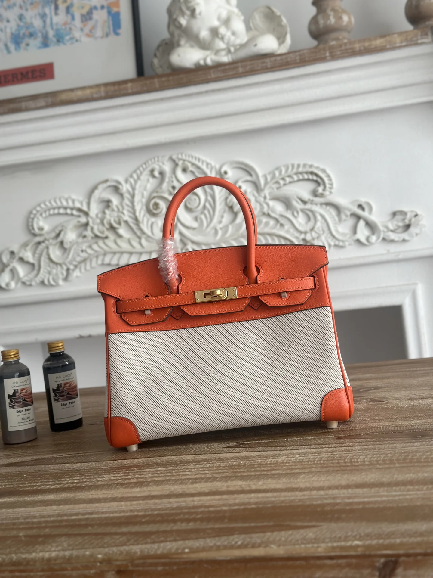 HERMES Top Handle Bags Canvas Swift Leather (Orange-White) 30CM A100202608090610