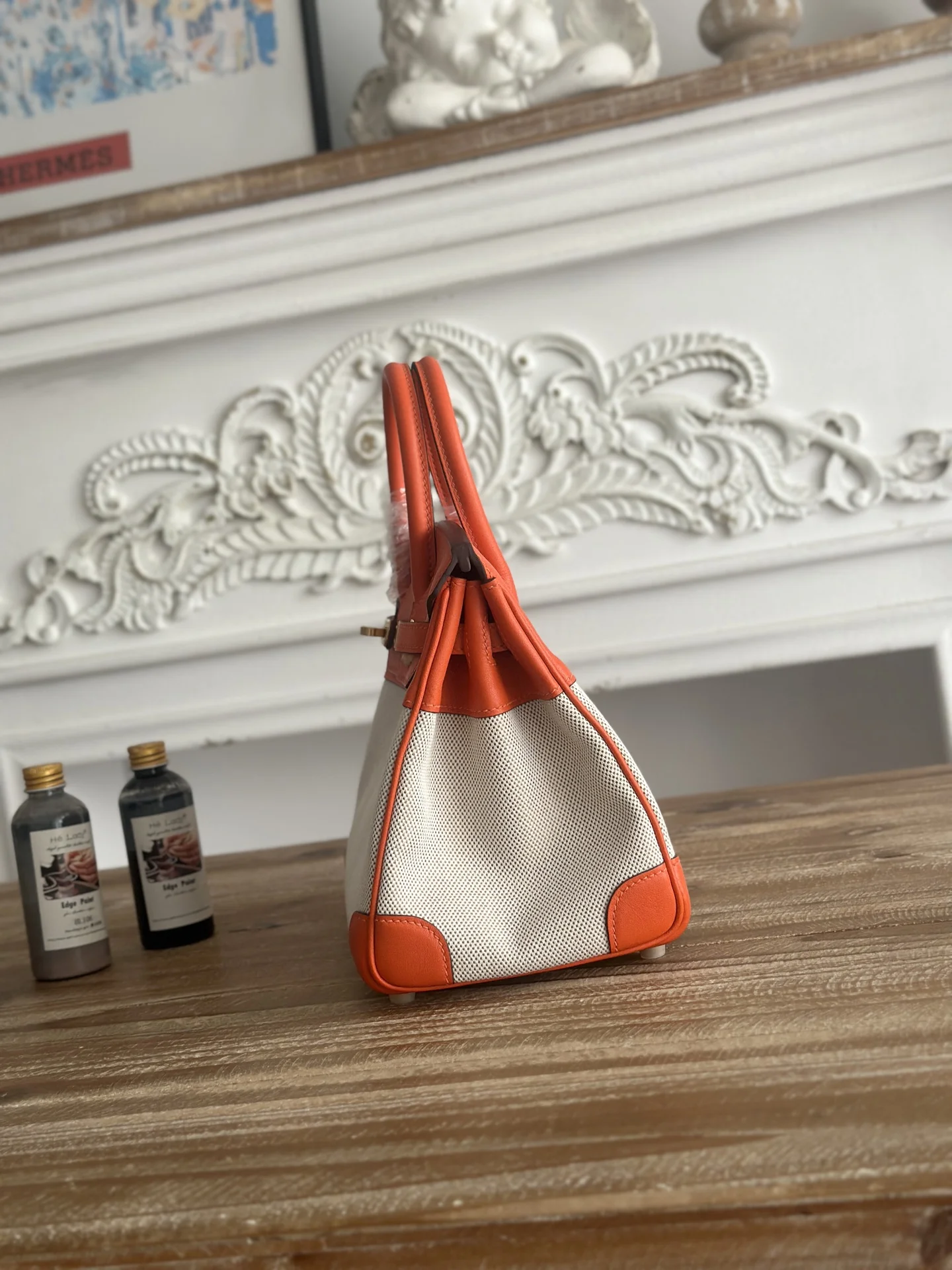 HERMES Top Handle Bags Canvas Swift Leather (Orange-White) 30CM A100202608090610 - Image 2