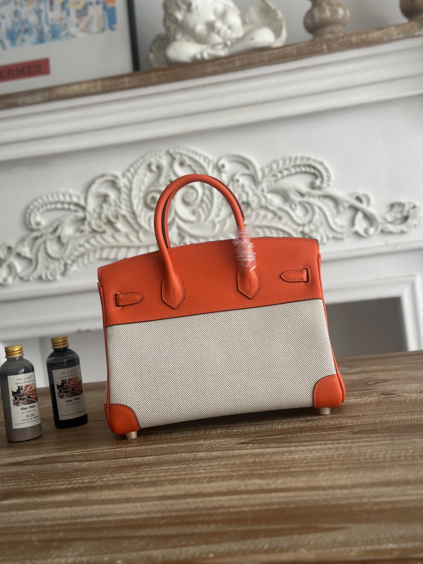 HERMES Top Handle Bags Canvas Swift Leather (Orange-White) 30CM A100202608090610 - Image 3